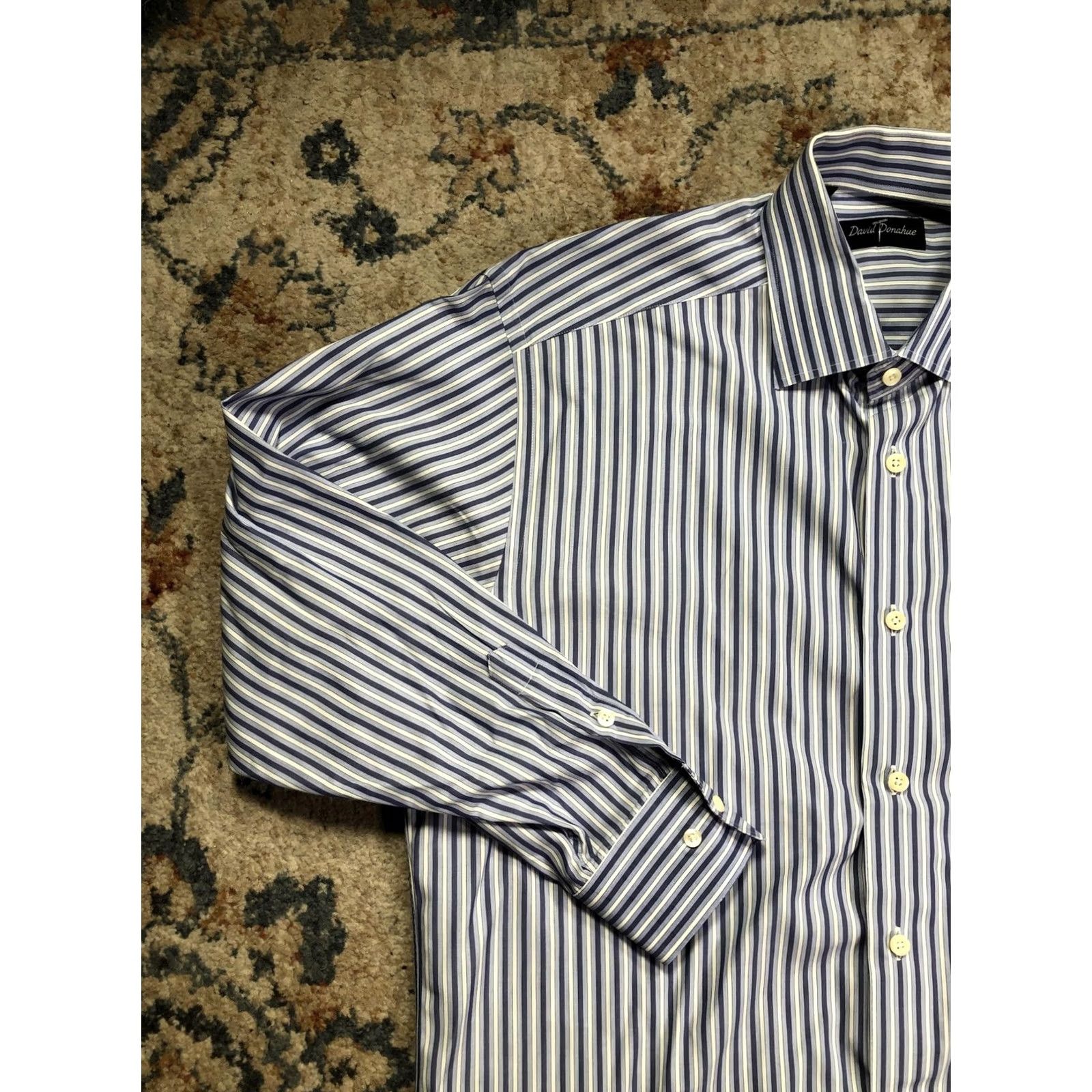 David Donahue David Donahue Dress Shirt Mens 16.5 32/33 Blue Stripe Long Sleeve Regular Fit Size 46R - 3 Thumbnail