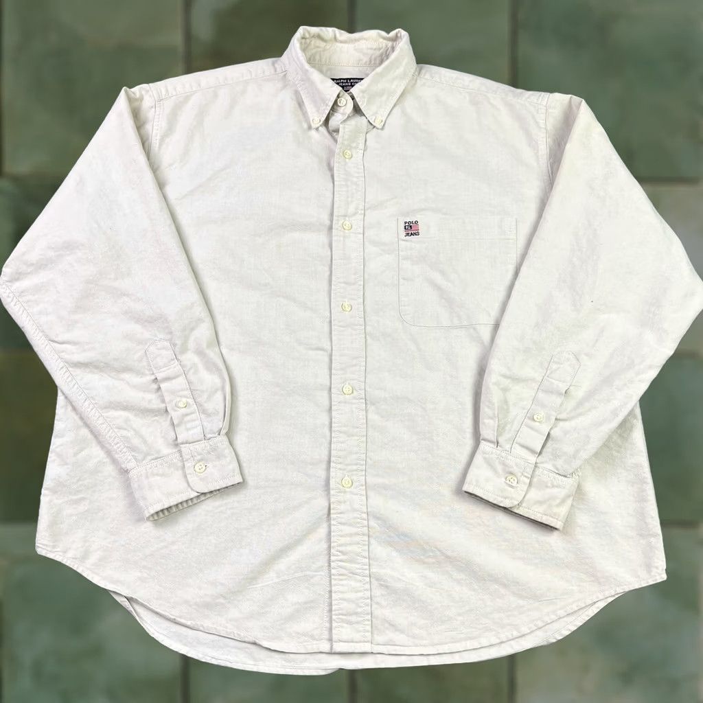 CO VINTAGE Polo Jeans Co Button Down Shirt Mens Adult Medium Embroidered RL Flag Logo Beige Size US 31 - 1 Thumbnail