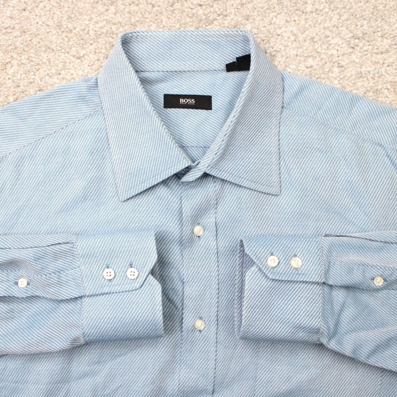 Hugo Boss HUGO BOSS Shirt Men 17 34/35 Blue Geometric Elton Cotton Italian Fabric L/S Size US XL / EU 56 / 4 - 2 Thumbnail