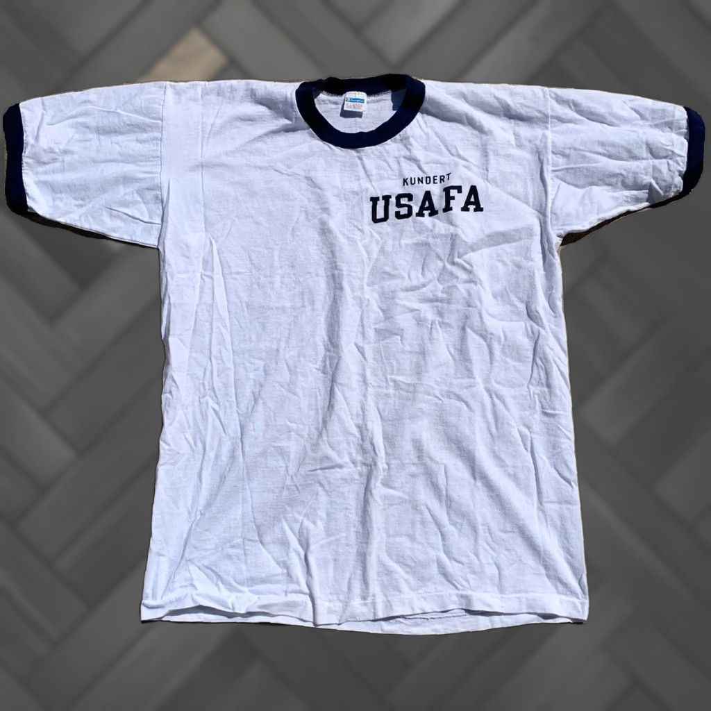 Champion VINTAGE Champion USAFA T Shirt Ringer Tee XL Men White 100% Cotton Short Sleeve Military/Landgirl Decade 1970s Size US XL / EU 56 / 4 - 1 Thumbnail
