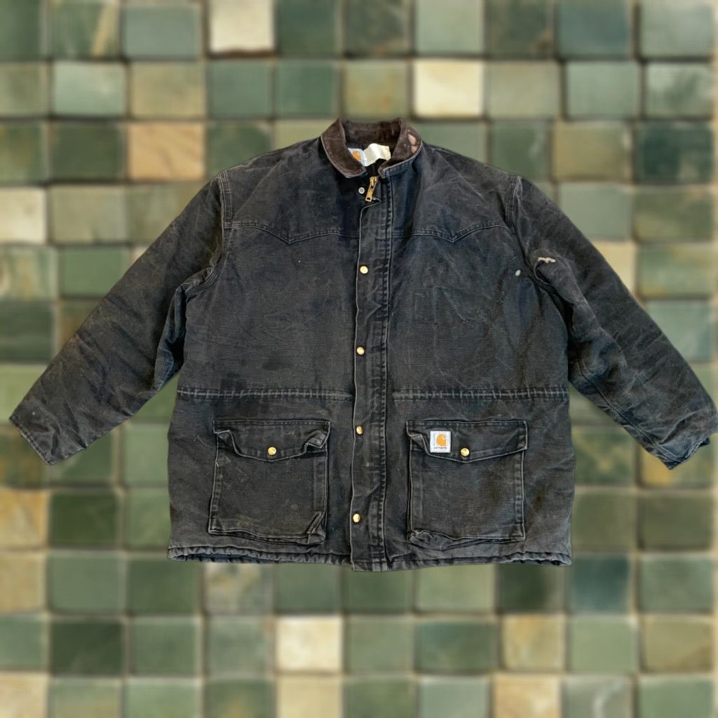 Carhartt VINTAGE Carhartt Jacket Canvas Chore 2XL Men Black Full Zip Chest 60" 2X 3X 90s Bleach Pockets Size US XXL / EU 58 / 5 - 1 Thumbnail