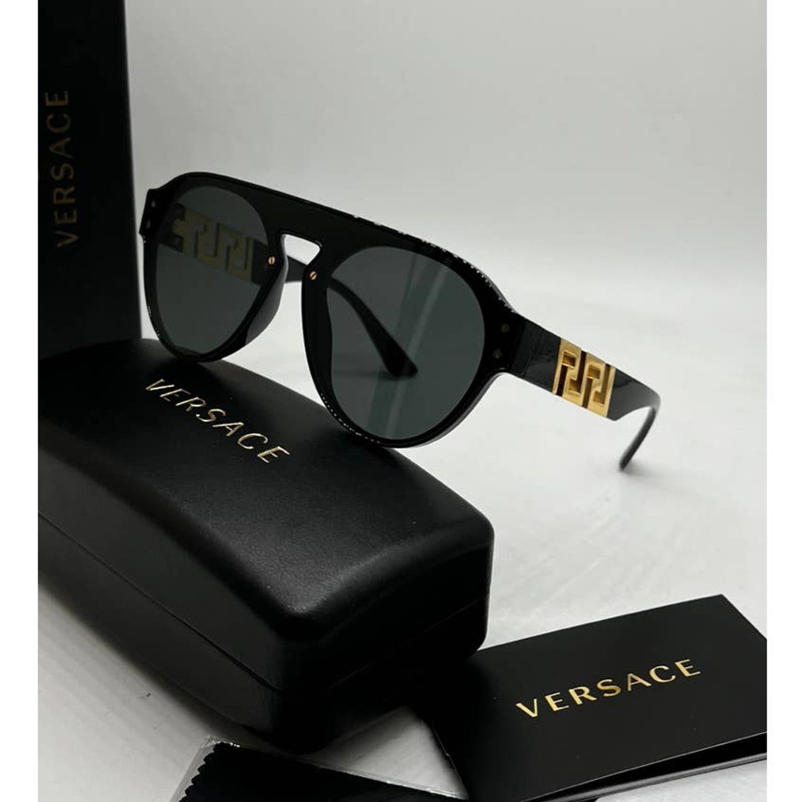 Deals NEW Versace VE4420 Black Mirrored Logo Unisex Aviator Sunglasses