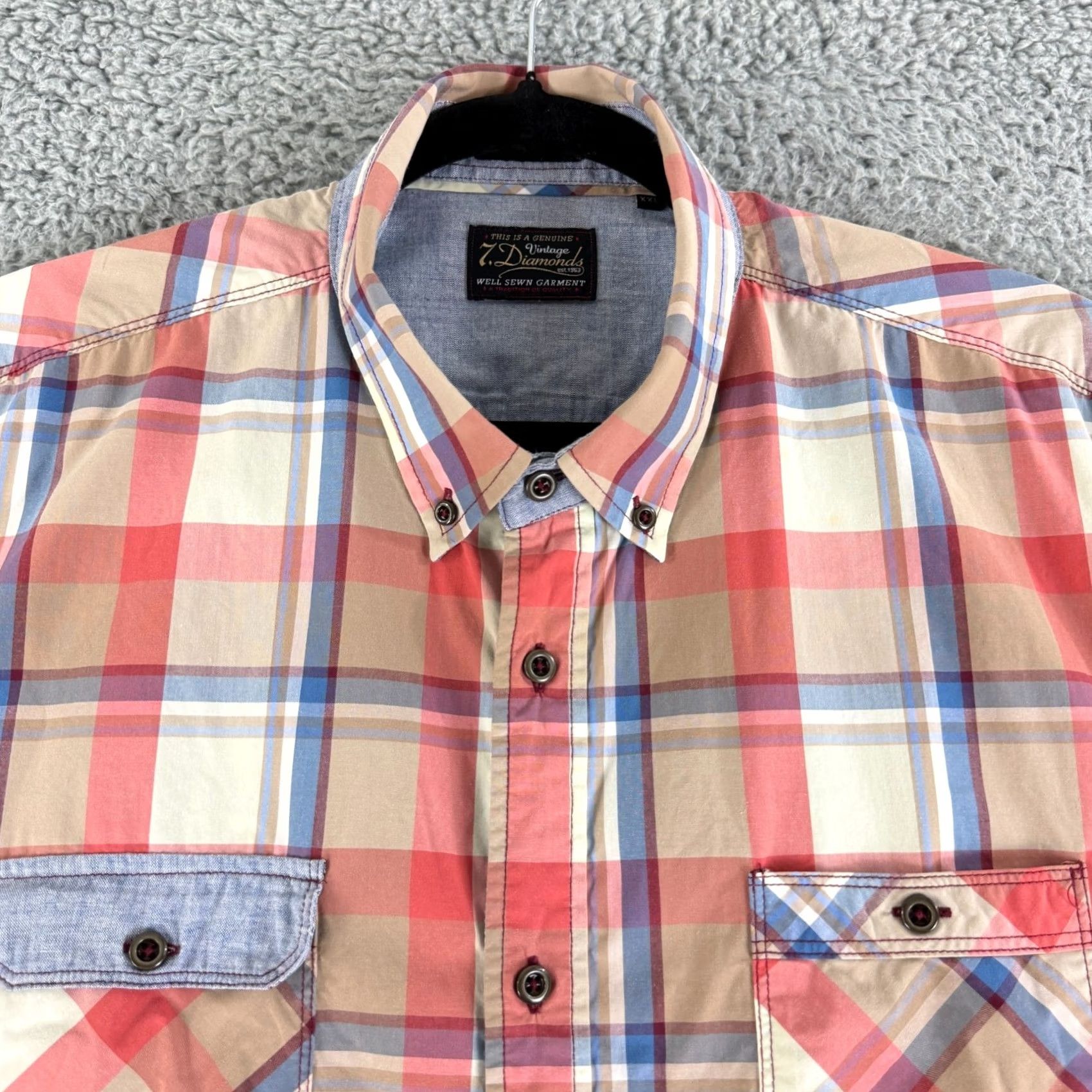 Vintage 7 Diamonds Vintage Button-Down Shirt Men Size XXL Blue Plaid Short Sleeve Cotton Size US XXL / EU 58 / 5 - 2 Thumbnail