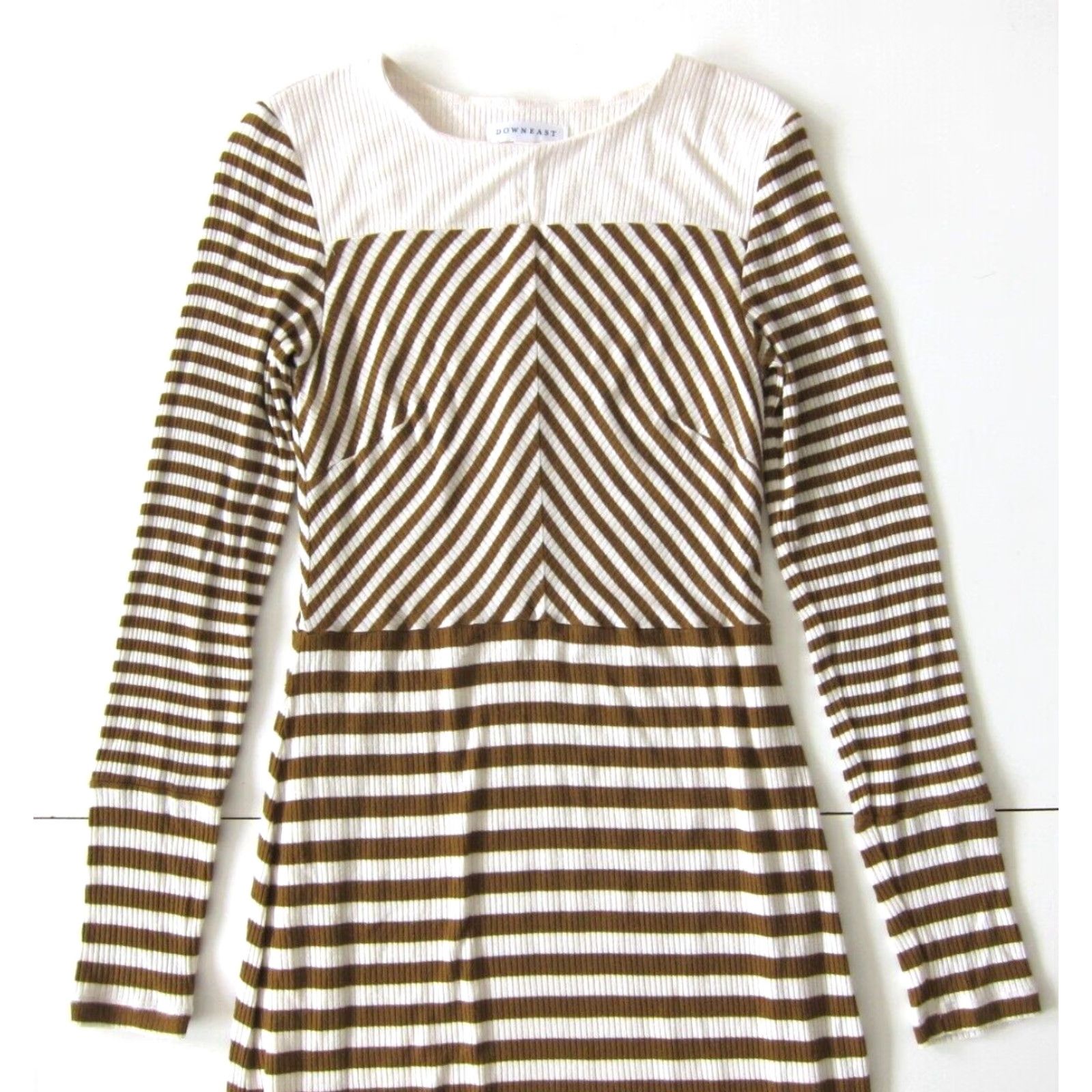 Vintage Down East Stripe Jersey Stretch Long Sleeve Sheath Tunic Dress XS Brown Ivory Stripe Dress, Women's, Regular, Midi, Kaftan/Shift/Shirt Dress Style Size XS / US 0-2 / IT 36-38 - 7 Thumbnail