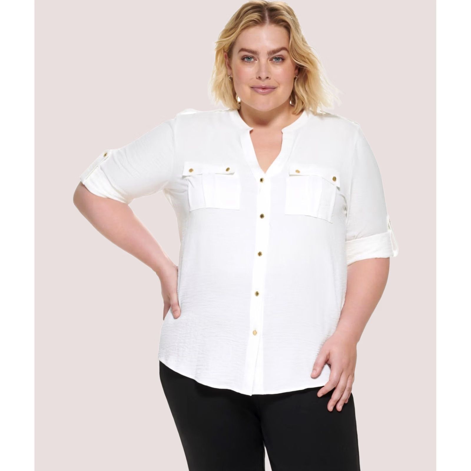 Calvin Klein Calvin Klein Womens white Plus Size 3X Textured Roll Tab Button Up Shirt Size XXL / US 16-18 / IT 52-54 - 1 Thumbnail