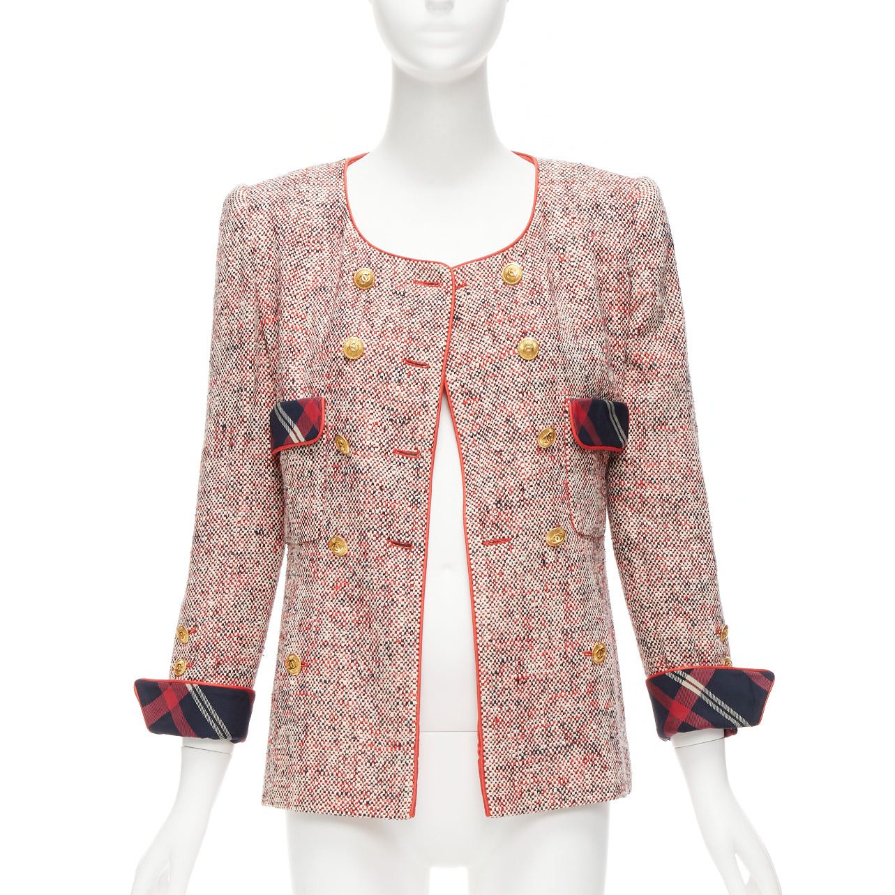 Image of Chanel Vintage Red Boucle Tweed Gold Button Double Breasted Blazer Jacket Fr34 Xs, Women's