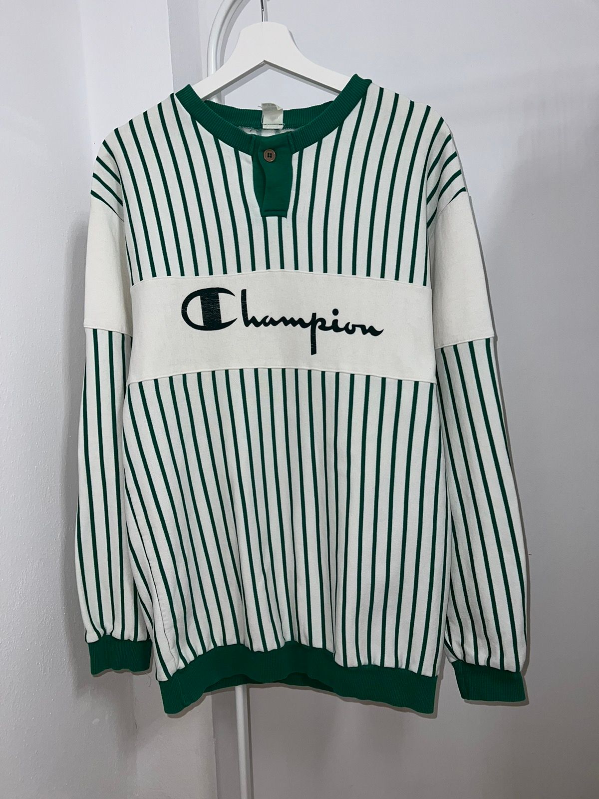 Pre-owned Champion X Vintage Crazy Vtg 90's Champion Striped Rugby Sweatshirt Y2k L In Green White