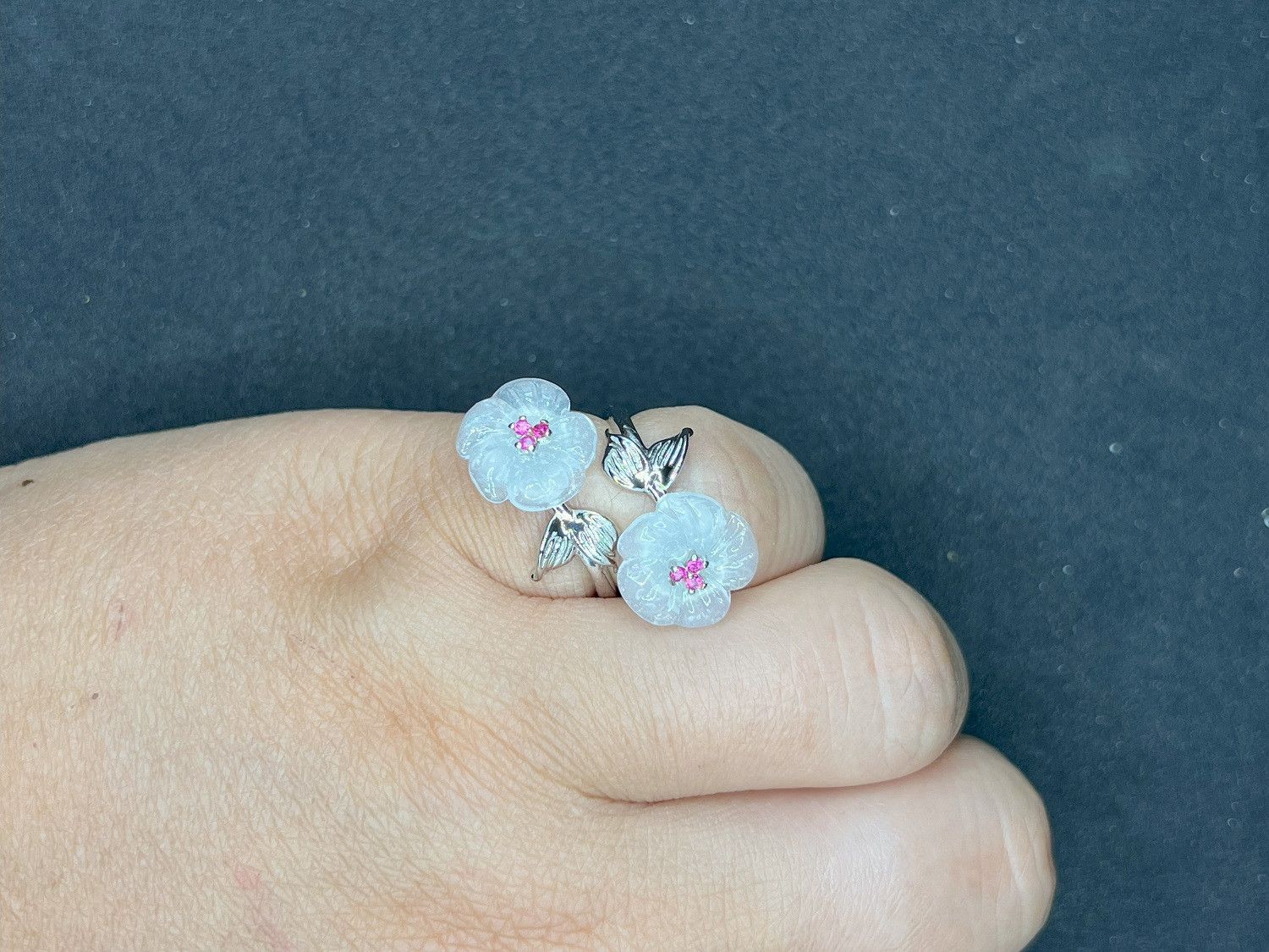 Designer Two White Jade Flowers Silver Ring with Pink Czs Size ONE SIZE - 4 Thumbnail