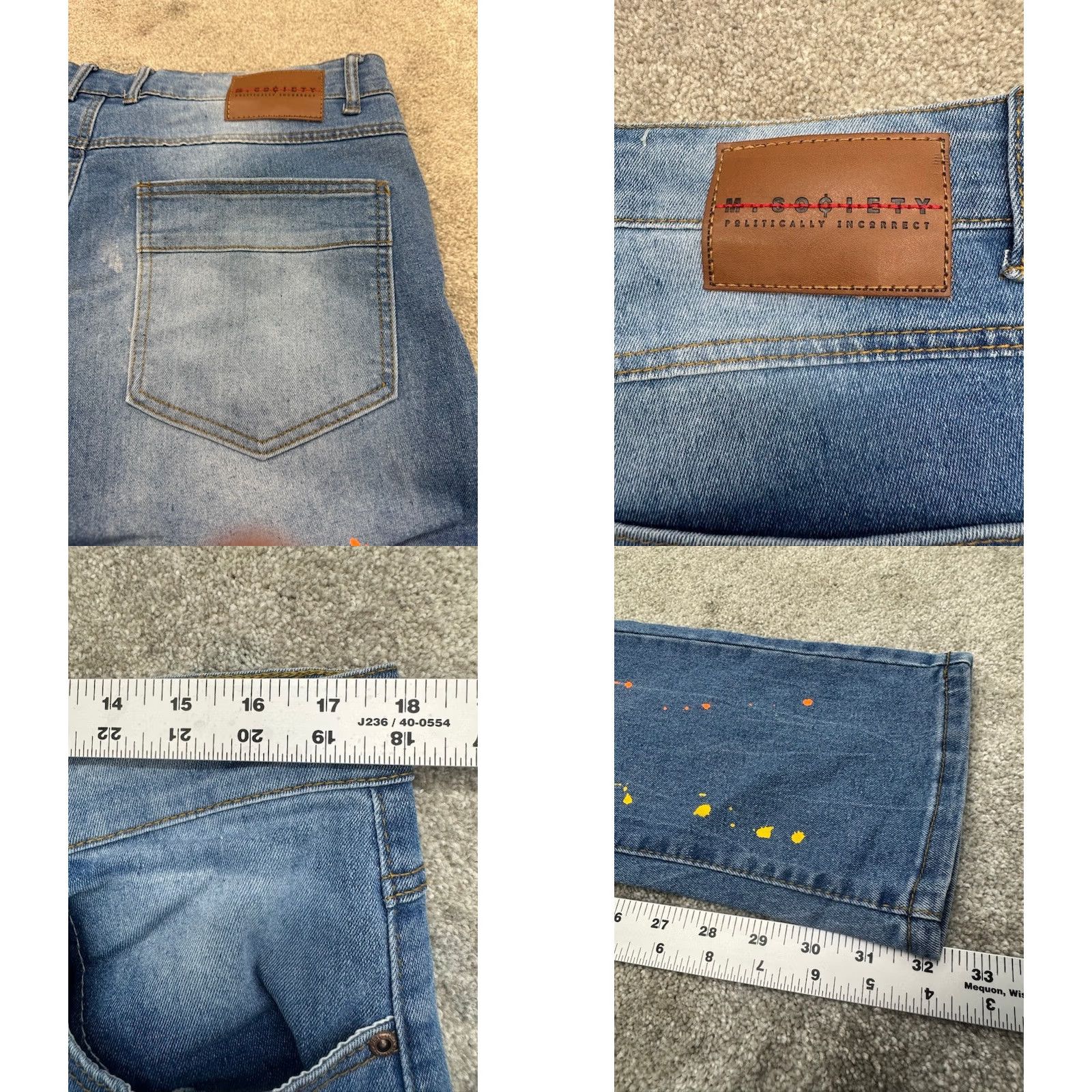 Vintage M Society Jeans Mens 36x32 Blue Denim Distressed Skinny Paint Splatter Ribbed Jeans Size US 36 / EU 52 - 10 Thumbnail