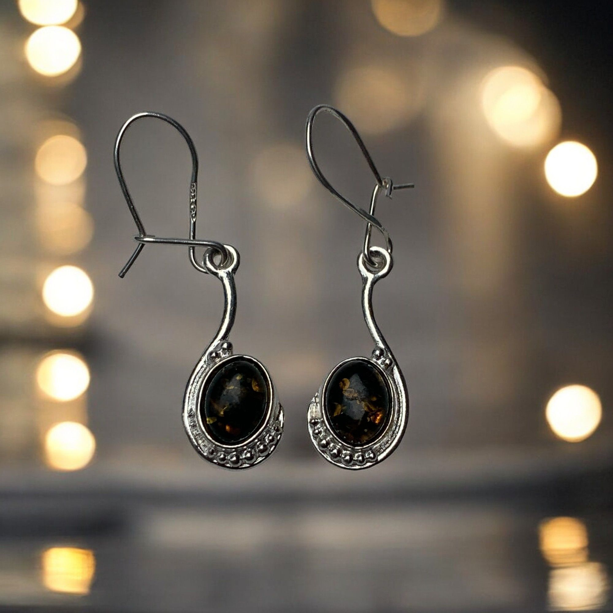 Designer Sterling Silver 925 Green Amber Drop Dangle Earrings Size ONE SIZE - 11 Thumbnail