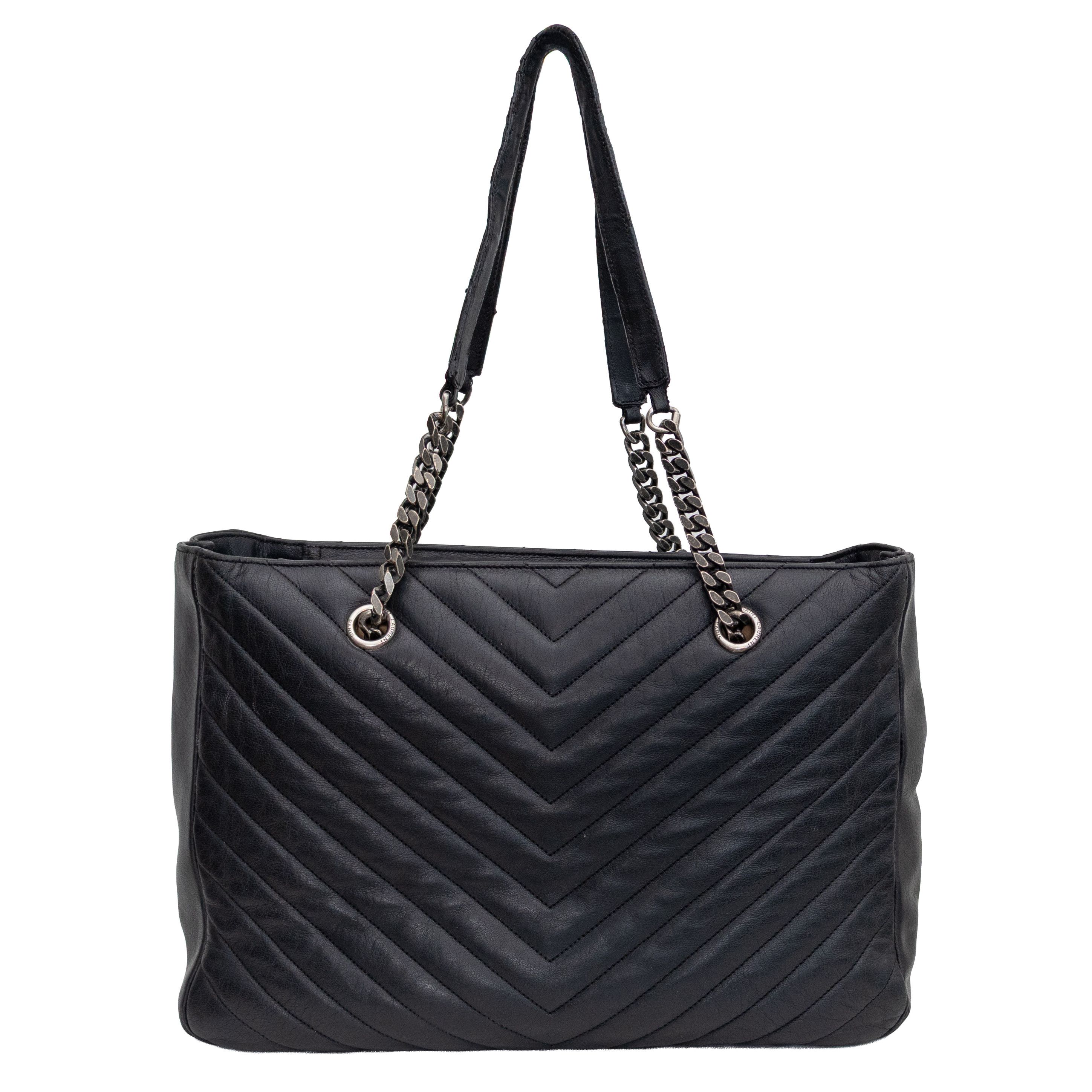 Yves Saint Laurent YVES SAINT LAURENT Black Chevron Quilted Leather Chain Tote Size ONE SIZE - 2 Thumbnail