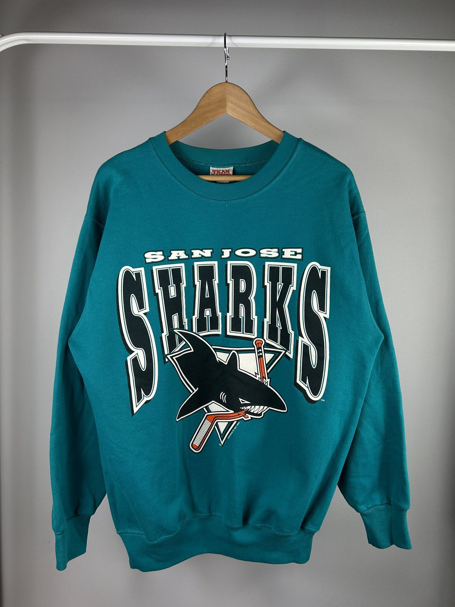 image of Made In USA x Nhl Vintage San Jose Sharks 90's Sweatshirt in Blue, Men's (Size Large)