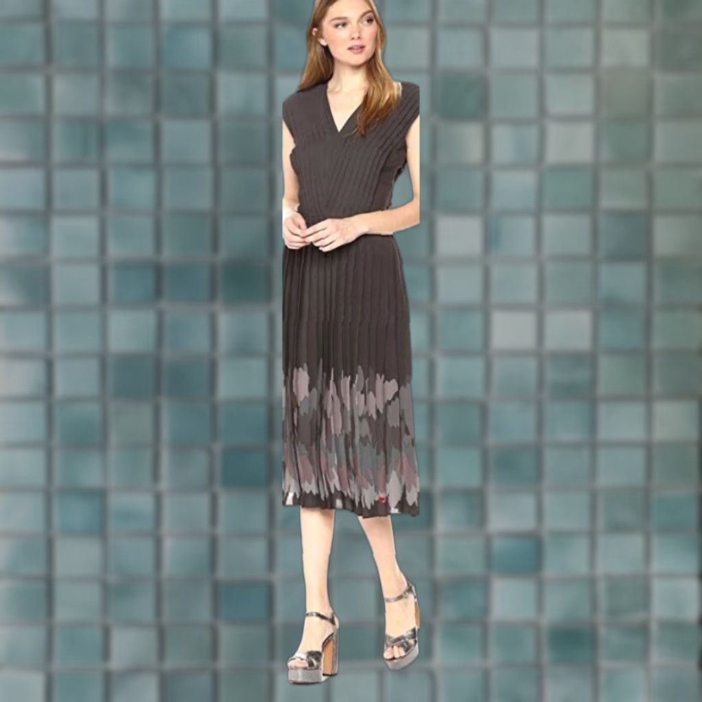 Drew Dear Drew by Drew Barrymore Pleated Gray Painted V-Neck Midi Dress Size 2 NWT Size XS / US 0-2 / IT 36-38 - 1 Thumbnail