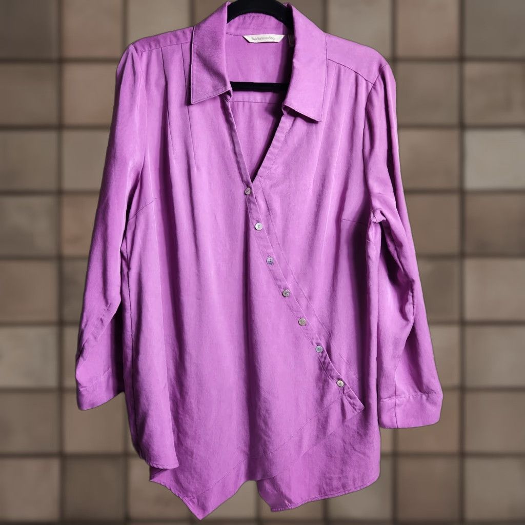 Soft Surroundings Womens Pink Lilac Washed Tencel Roll Tab Sleeve Tunic-Size L