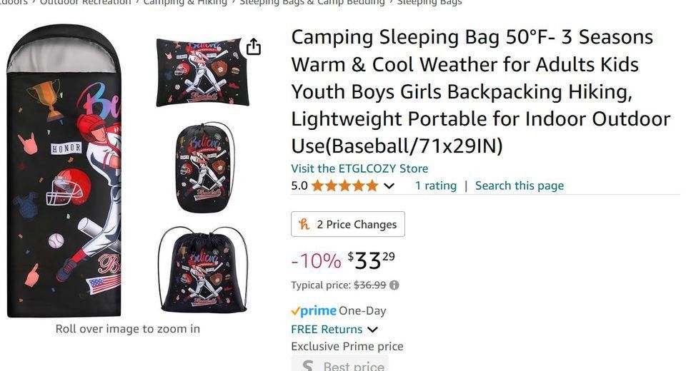 Designer Sleeping bag, 3 season to 50degrees, 71"x29", Baseball Size ONE SIZE - 5 Thumbnail