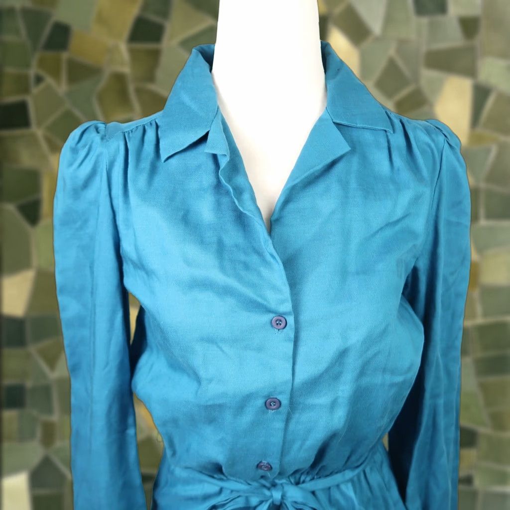 Altea VINTAGE 80s Teal Blue Long Sleeve Midi Shirt Dress 4 Shirt Dress Mens Womens Girls Boys Size S / US 4 / IT 40 - 1 Thumbnail