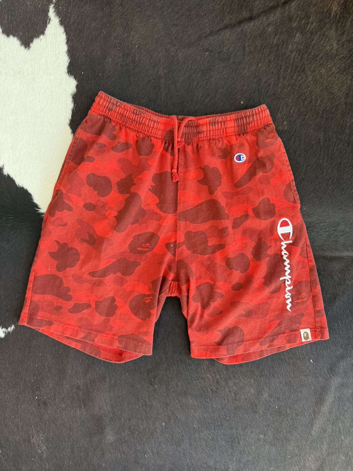 Champion X Bape Red Camo Shorts