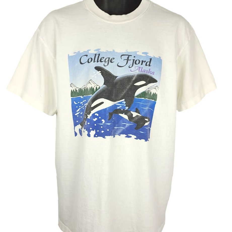 Vintage VINTAGE Killer Whale T Shirt Mens Large 90s College Fjord Alaska Glaciers Ocean Life Orca Navy White Crew Neck Short Sleeve Cotton T-Shirt Mens Size US L / EU 52-54 / 3 - 2 Thumbnail