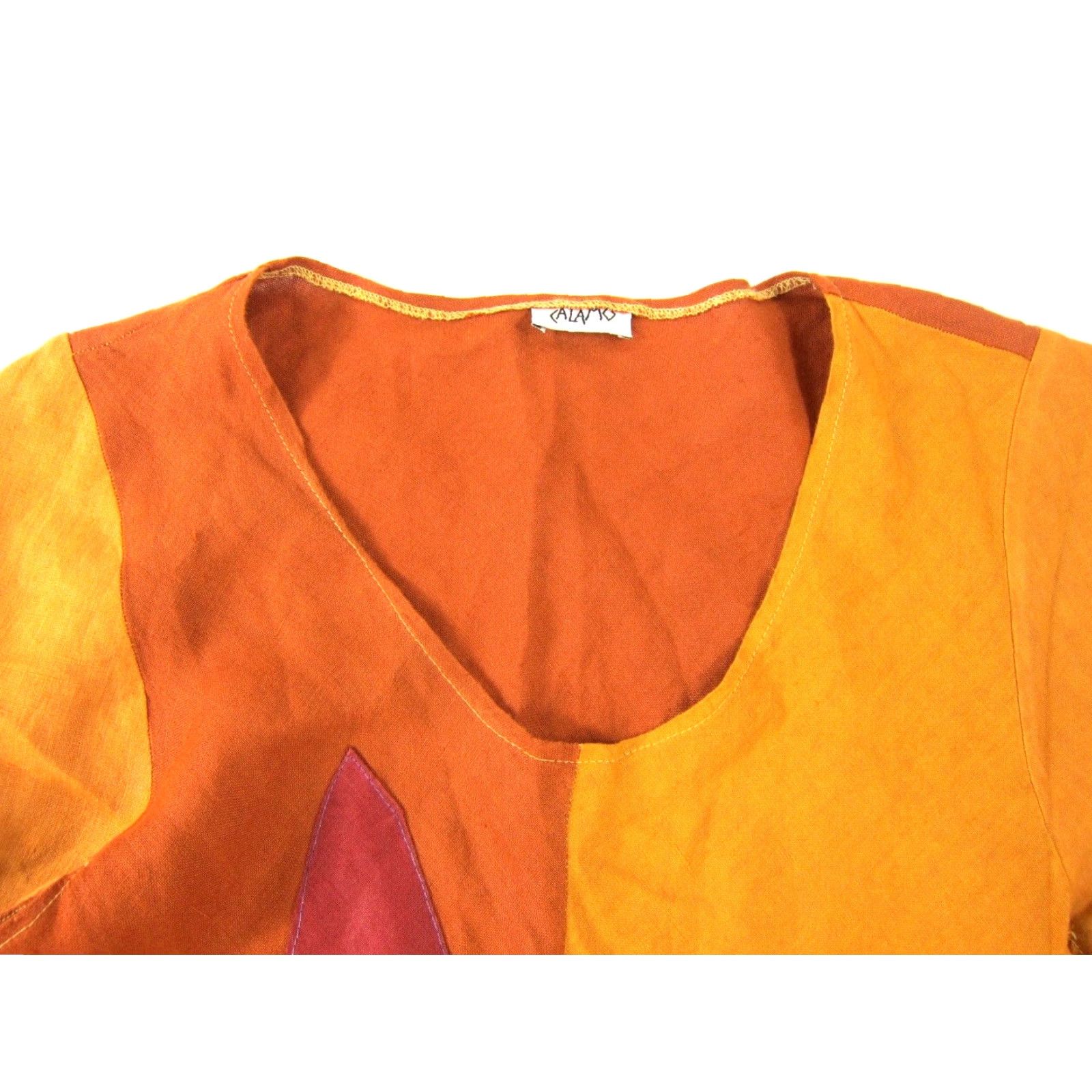 Vintage Calamo Blouse 100% Linen Made In Italy Orange Green Asymmetrical Long Medium Womens Shirt Size M / US 6-8 / IT 42-44 - 4 Thumbnail