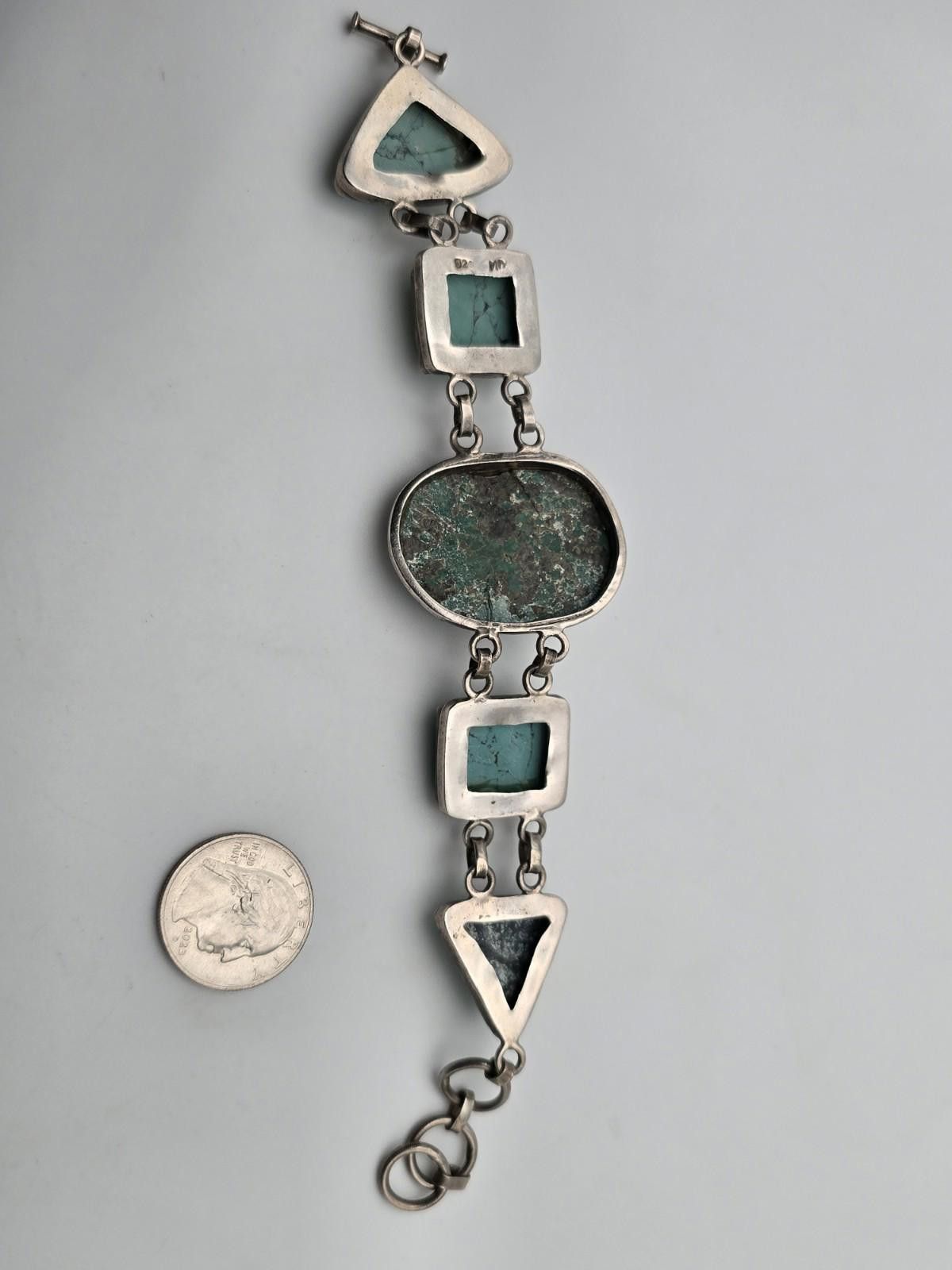 Sterling Silver Vintage Sterling Silver 925 Bracelet Carved Lizard Turquoise Size ONE SIZE - 7 Thumbnail
