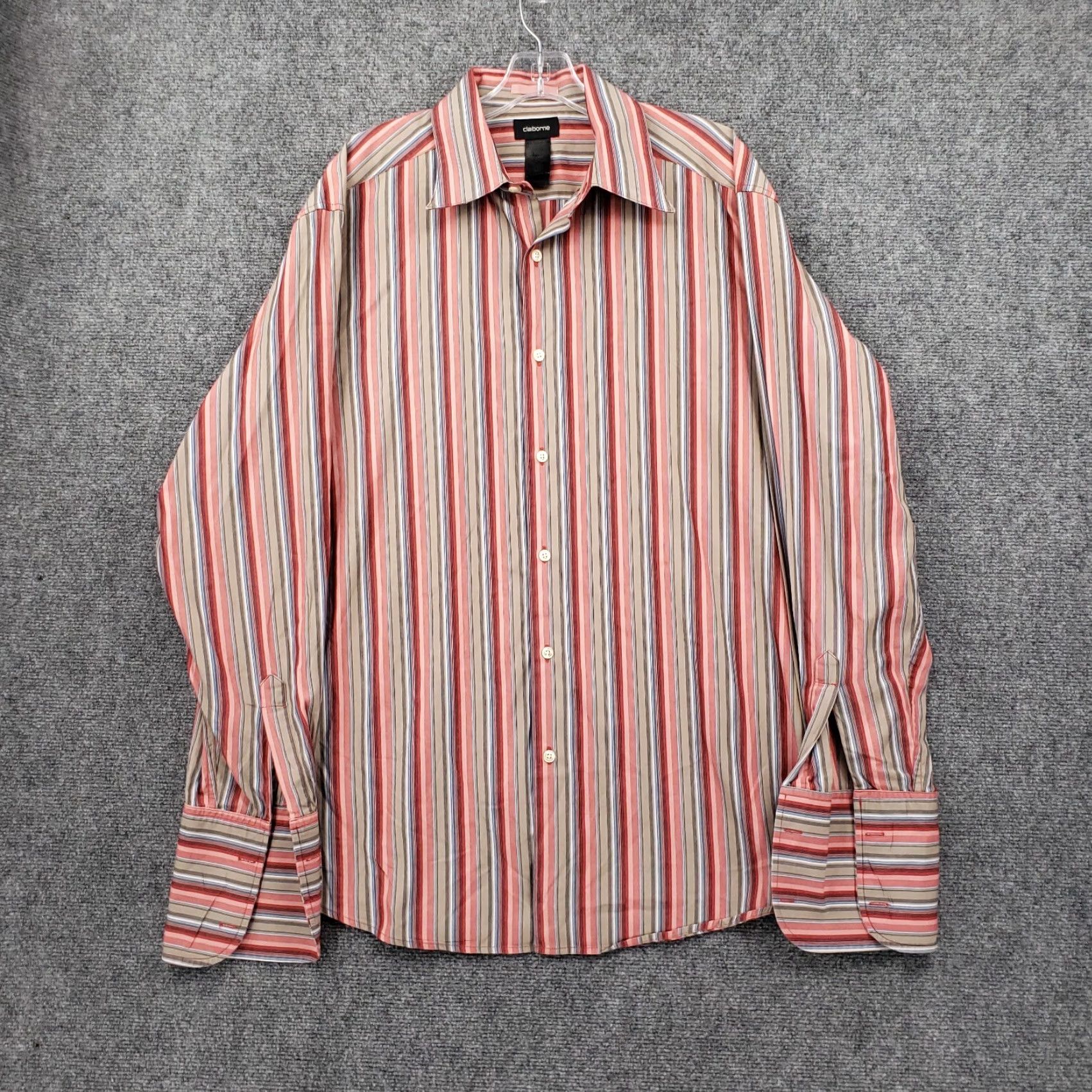 Liz Claiborne Claiborne Shirt Mens XL Red Striped Button-Up Long Sleeve Cotton Blend Casual Workplace Size US XL / EU 56 / 4 - 2 Thumbnail