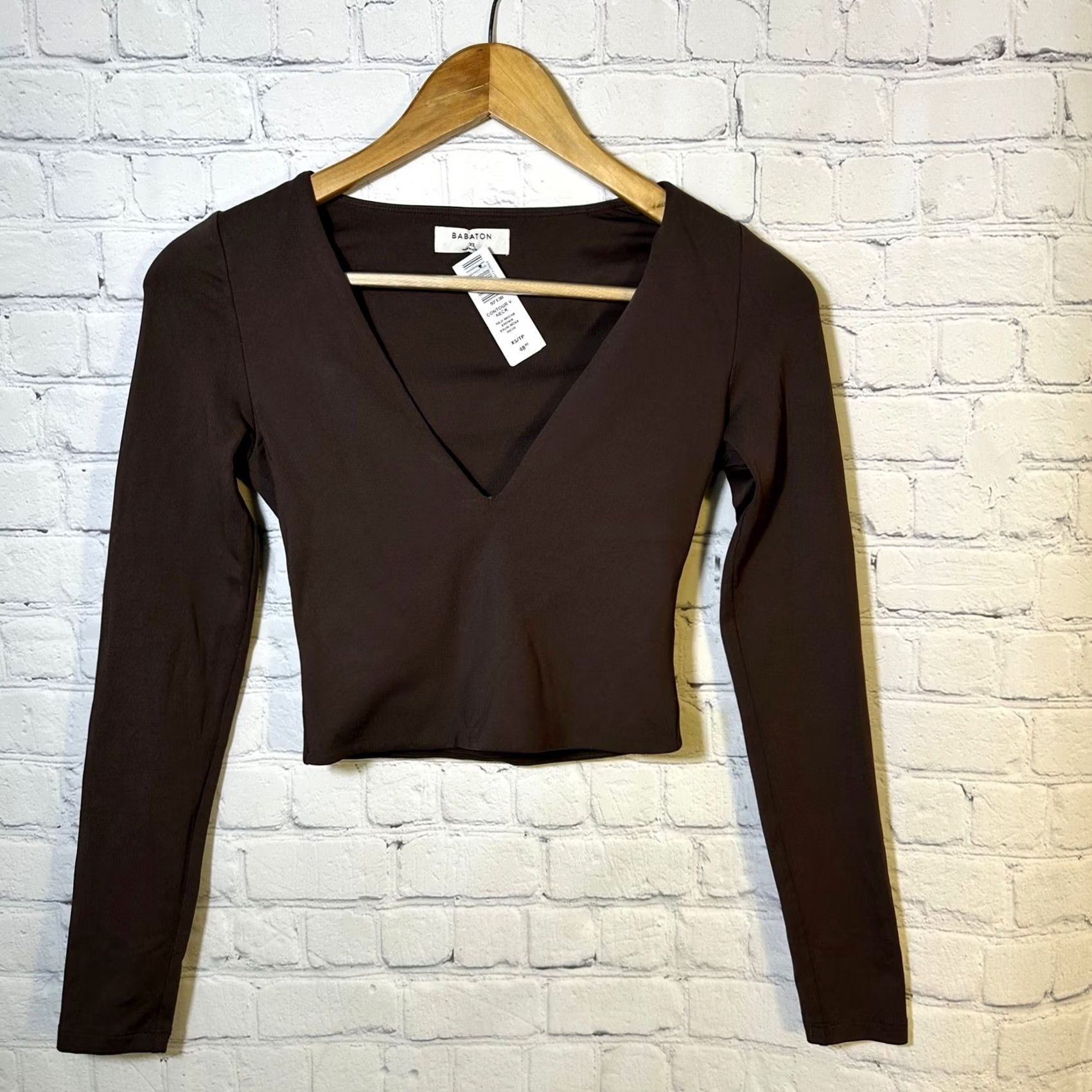 Vintage Babaton Contour V-Neck Long Sleeve Cropped Top Womens XS Rich Mocha Brown Knit Nylon Blend Solid Size XS / US 0-2 / IT 36-38 - 2 Thumbnail