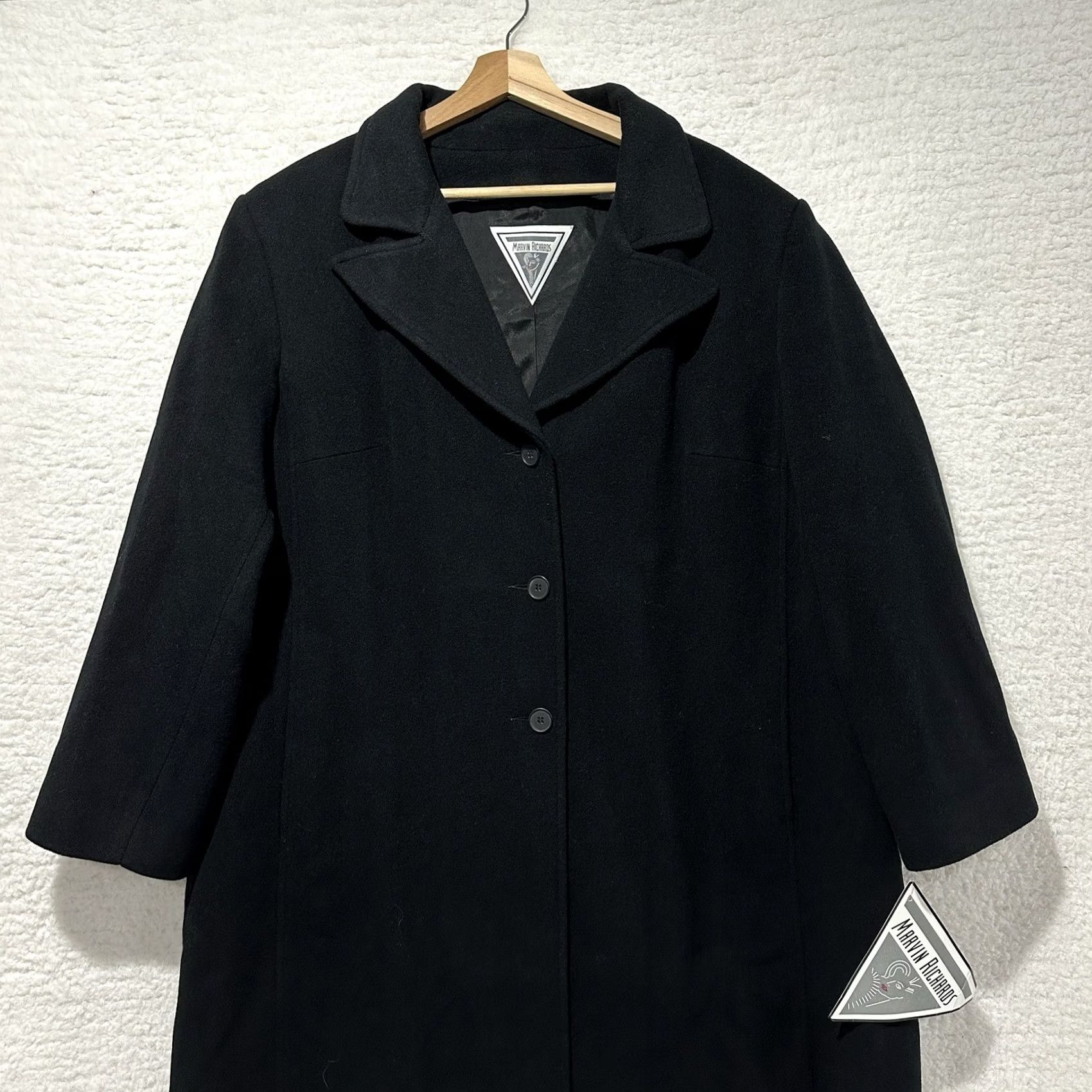 Vintage Marvin Richards Coat Women’s 2X Black 100% Wool 3 Button Front Lined Dry Clean 100% Acetate USA Made NWT Christmas City Fall Winter Size XXL / US 16-18 / IT 52-54 - 7 Thumbnail
