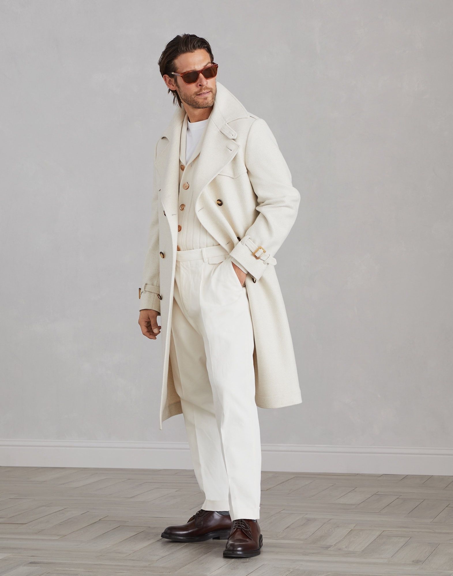 Brunello Cucinelli o1w1db10226 Wool And Silk Cashmere Trench Coat in Off White Size US XL / EU 56 / 4 - 3 Thumbnail