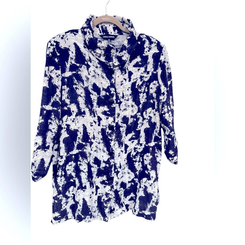 Designer Ming Wang Navy Blue and White Button Up Blouse size XL Size XL / US 12-14 / IT 48-50 - 2 Thumbnail