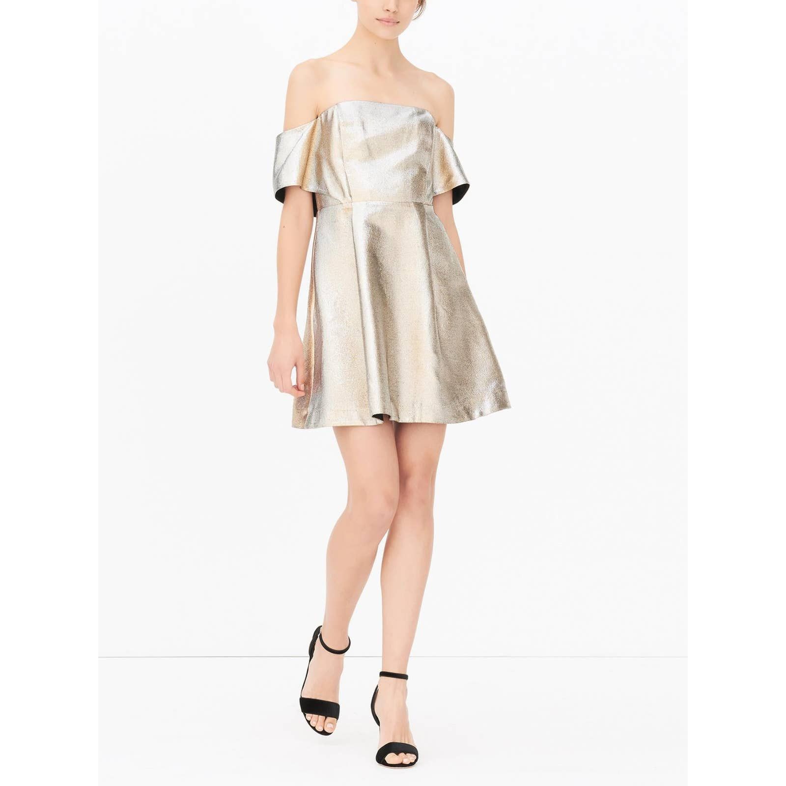image of Sandro Metallic Off-The-Shoulder A-Line Mini Dress - Gold, Women's (Size Large)