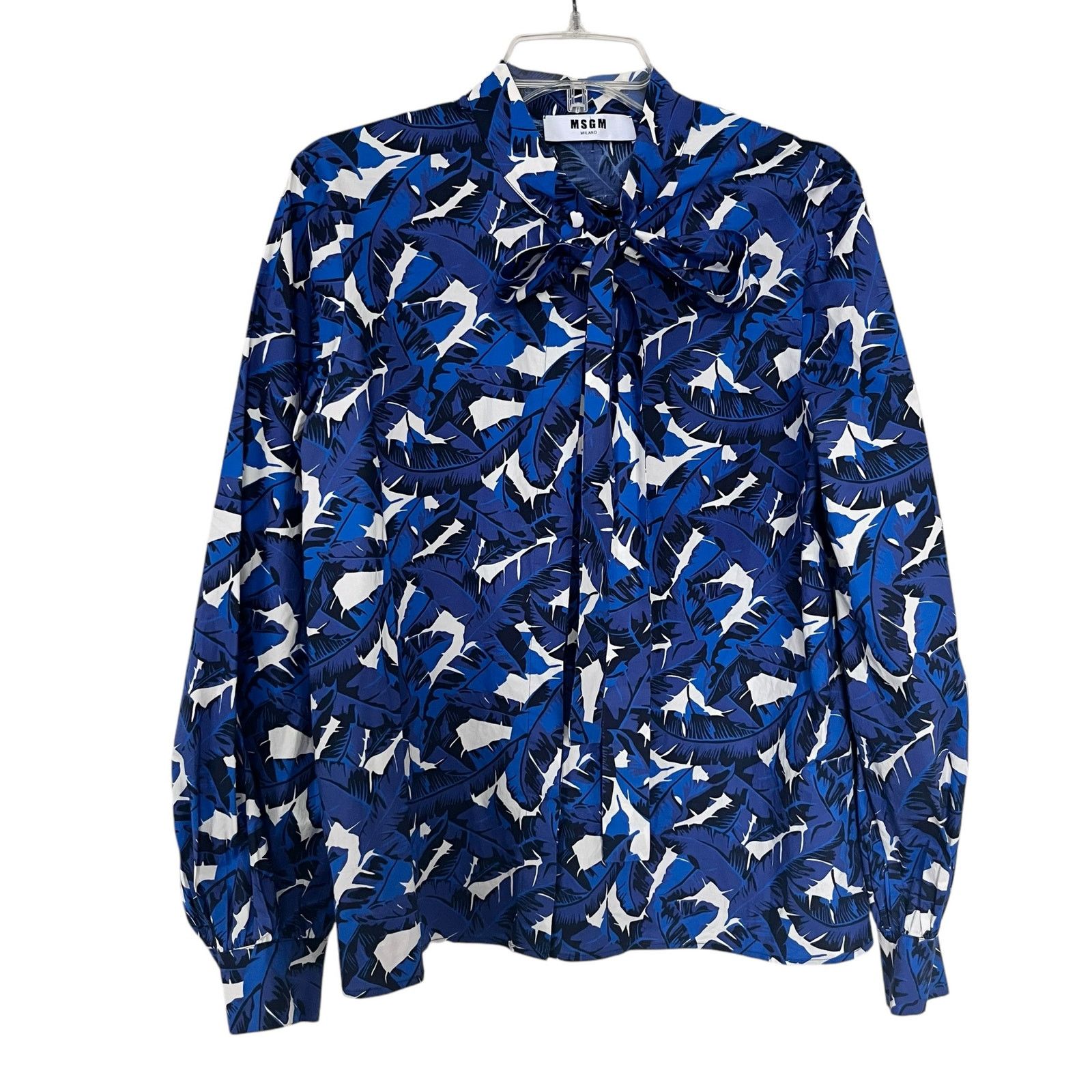 MSGM MSGM Blue Tropical Leaf Print Tie Neck Cotton Blouse Size M / US 6-8 / IT 42-44 - 1 Thumbnail