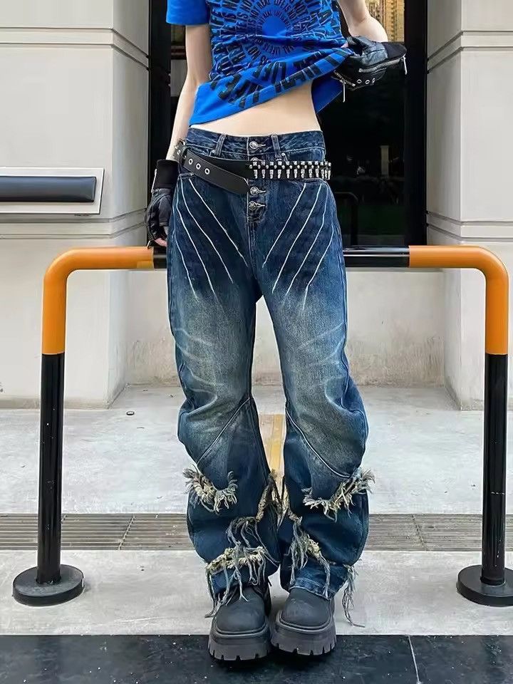 Japanese Brand Retro Y2K Style Patchwork Blue Baggy Stacked Jeans Size 28" / US 6 / IT 42 - 6 Thumbnail
