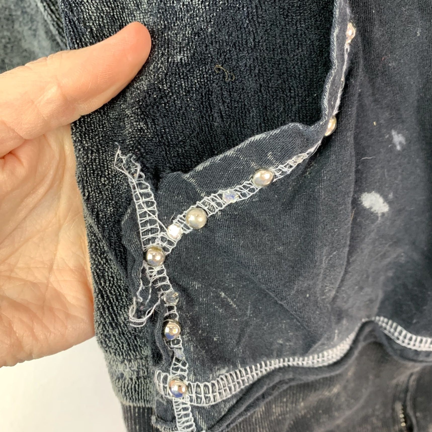 Sugar Sugar Rox Women's S Black Acid Wash Full Zip Hooded Sweatshirt Studs Pockets Y2K Rock Grunge Hooded Slim Velour Casual Activewear jacket Size S / US 4 / IT 40 - 4 Thumbnail
