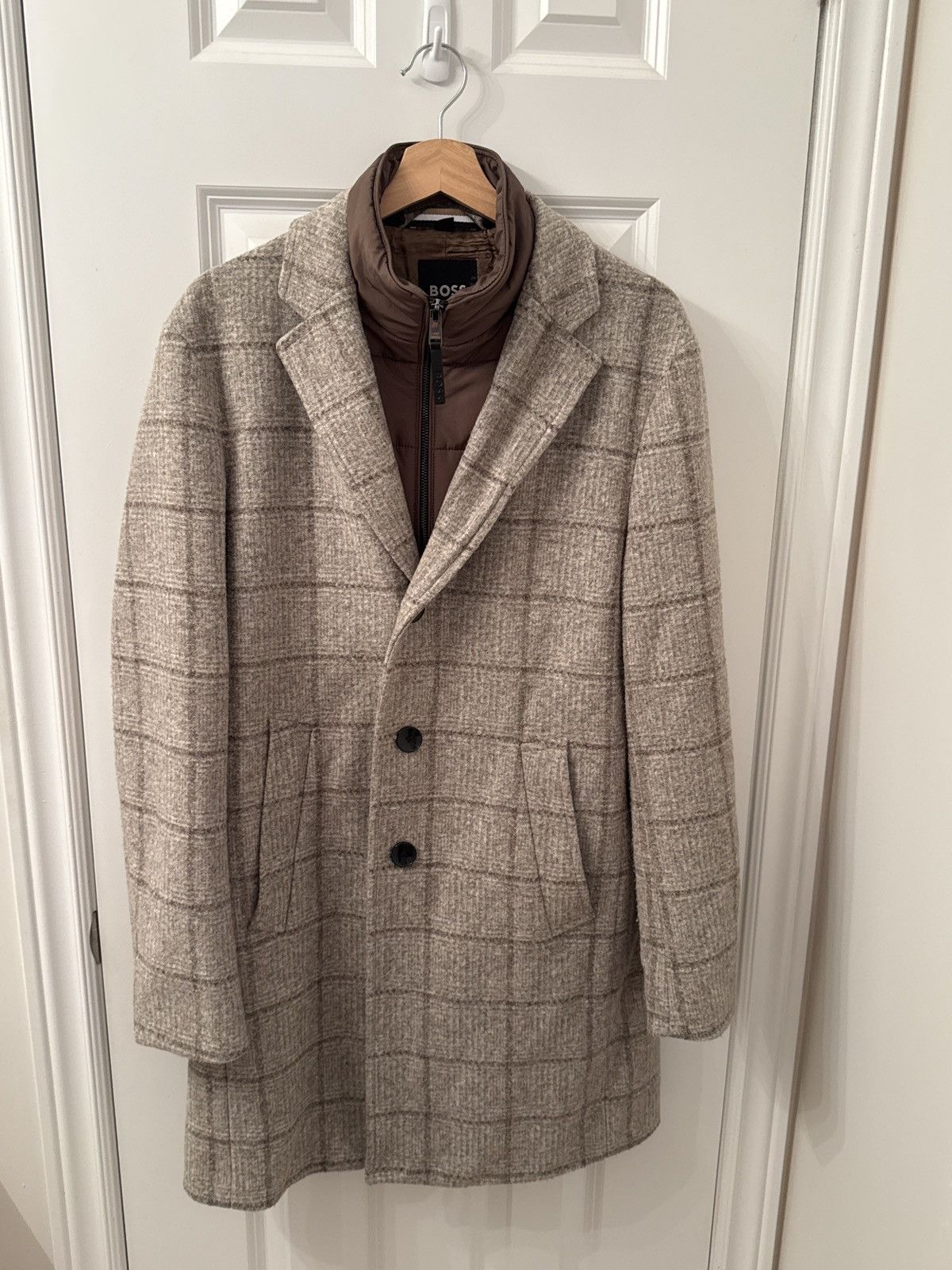 Hugo Boss Hugo Boss Gray Wool Check Overcoat w/ Detachable Bib Size US S / EU 44-46 / 1 - 1 Thumbnail