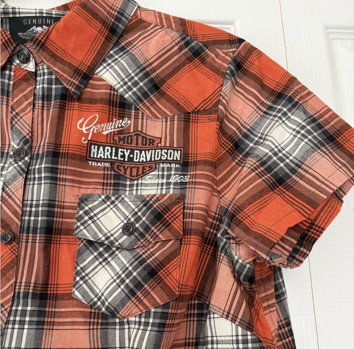 Harley Davidson Harley-Davidson Red Flannel Bling Snap Button Short Sleeve Size L / US 10 / IT 46 - 2 Thumbnail
