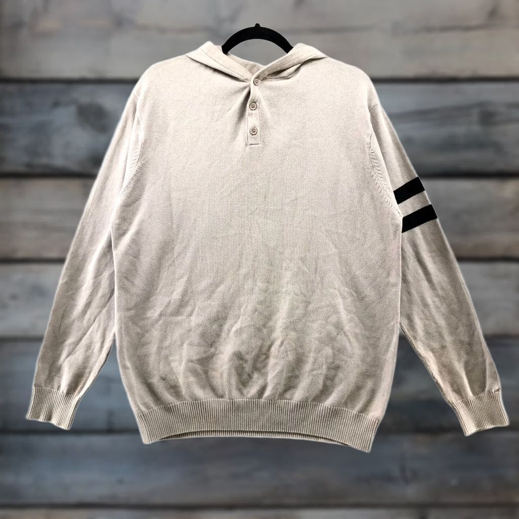 Vintage Decibel Mens Cotton Henley Hoodie Beige 2X Pullover Knit Striped Crew Neck Casual 90s Retro Hooded Sweater (Men) Size US XXL / EU 58 / 5 - 1 Thumbnail