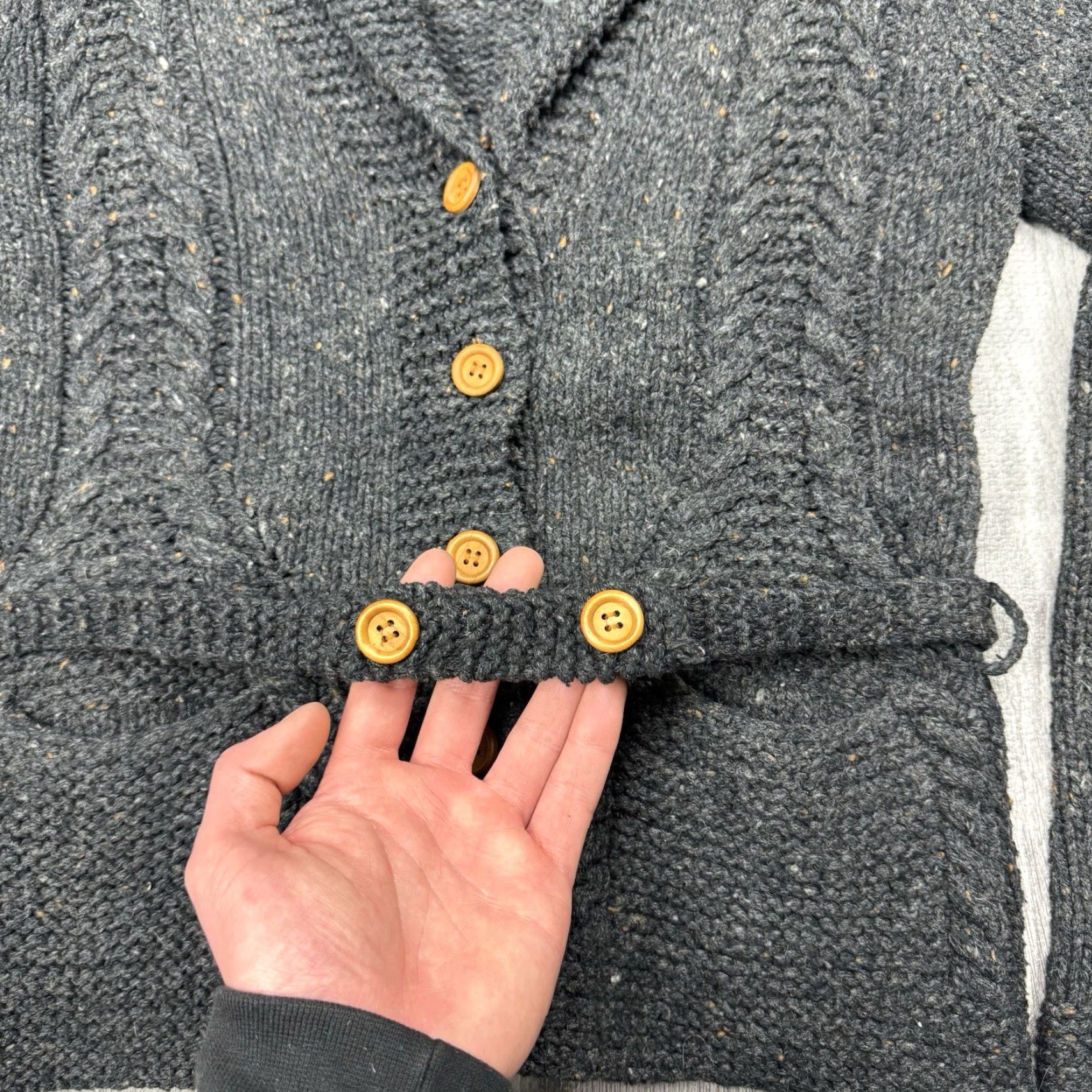 J.Crew J.CREW Cardigan Knit by Hand Dark Grey Wool Blend Belted Wood Buttons S Women's Sweater Cable Knit Fisherman Pattern Vintage No Size S / US 4 / IT 40 - 5 Thumbnail