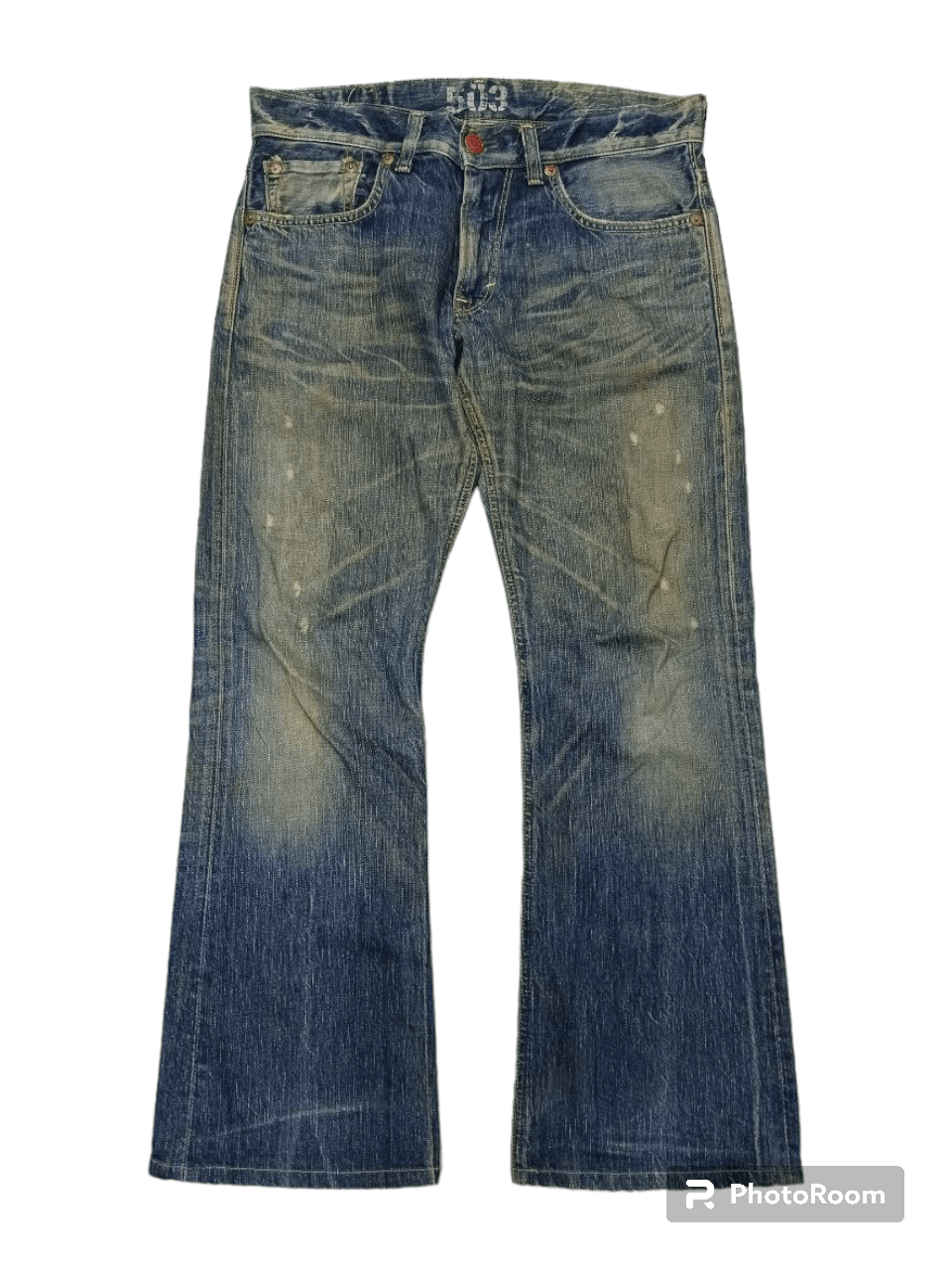 image of Distressed Denim x Hype Flare Sick Edwin Denim Pants in Blue Distressed, Men's (Size 33)