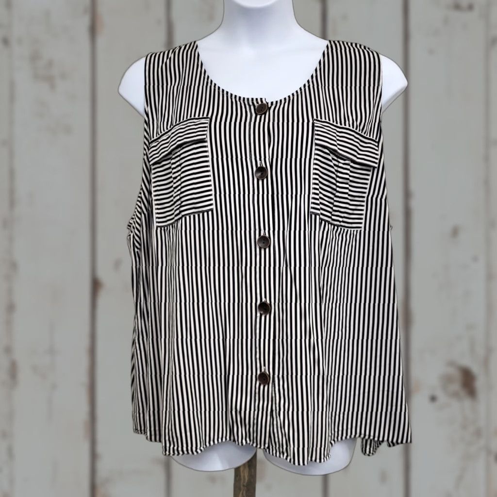Vintage A.N.A A New Approach Blouse Sleeveless Black White Striped 4X Plus Size Women Tank Shirt Size XXL / US 16-18 / IT 52-54 - 1 Thumbnail