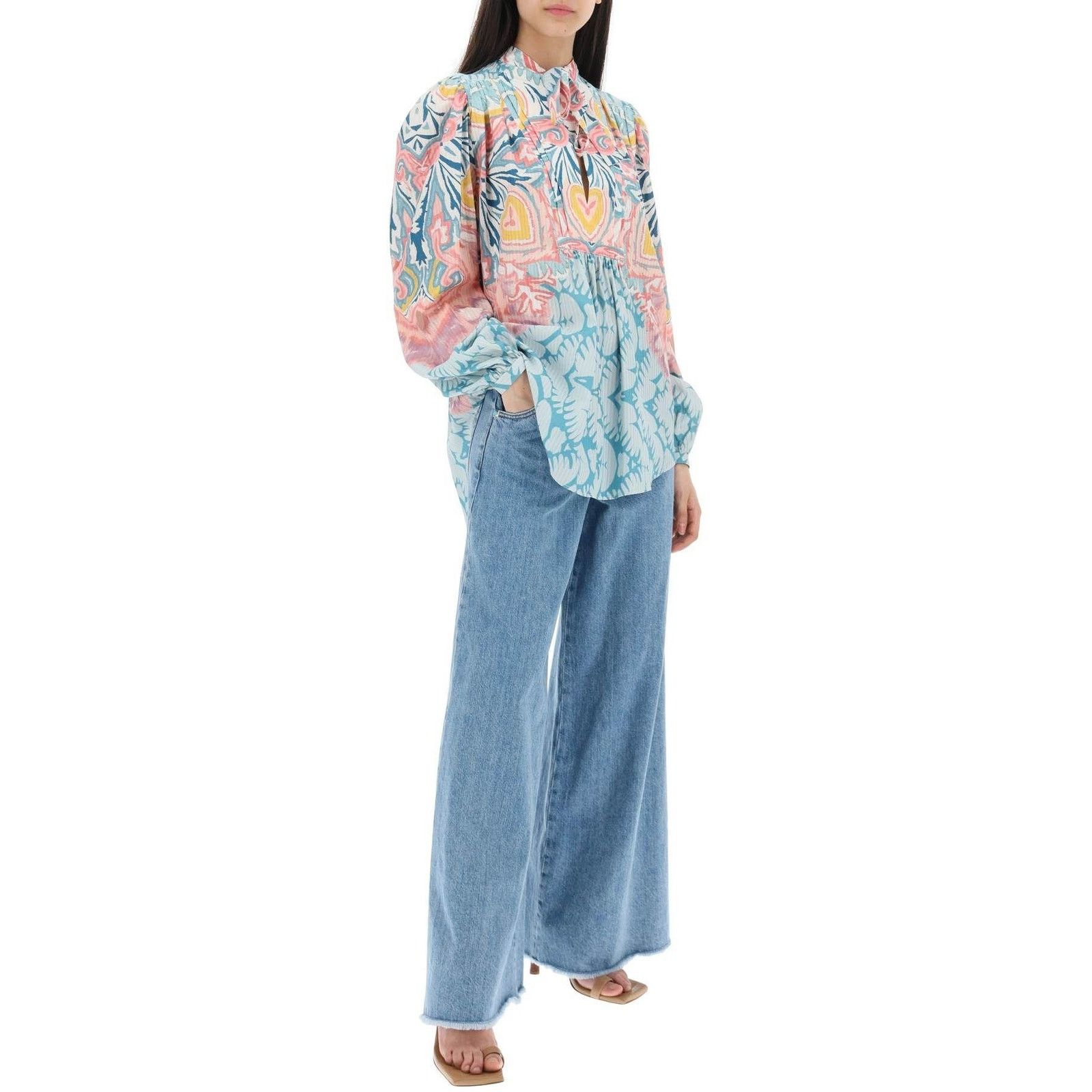 NWT Etro Teal Multi Paisley Long Sleeve Tie Blouse 48 / XL