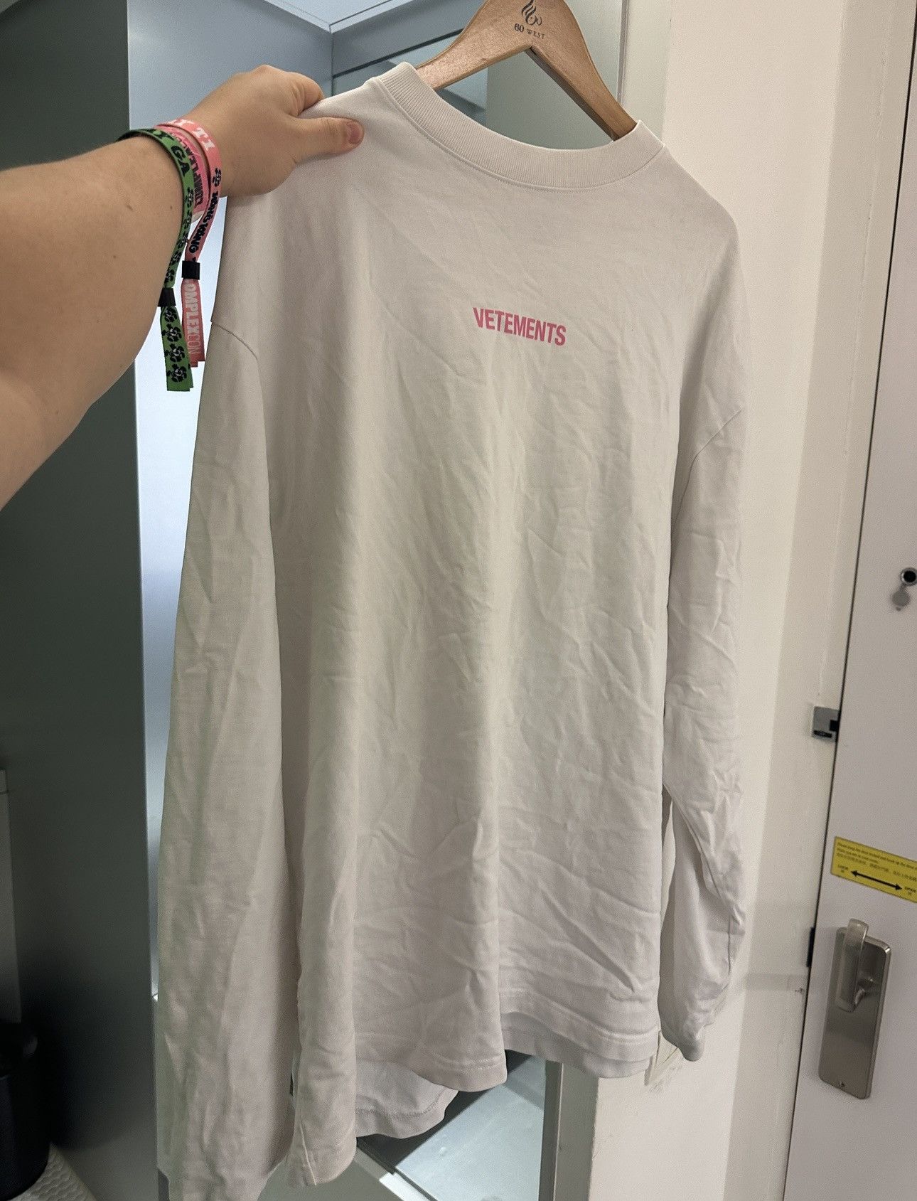 image of Vetements Pink Logo Longsleeve in White, Men's (Size Small)