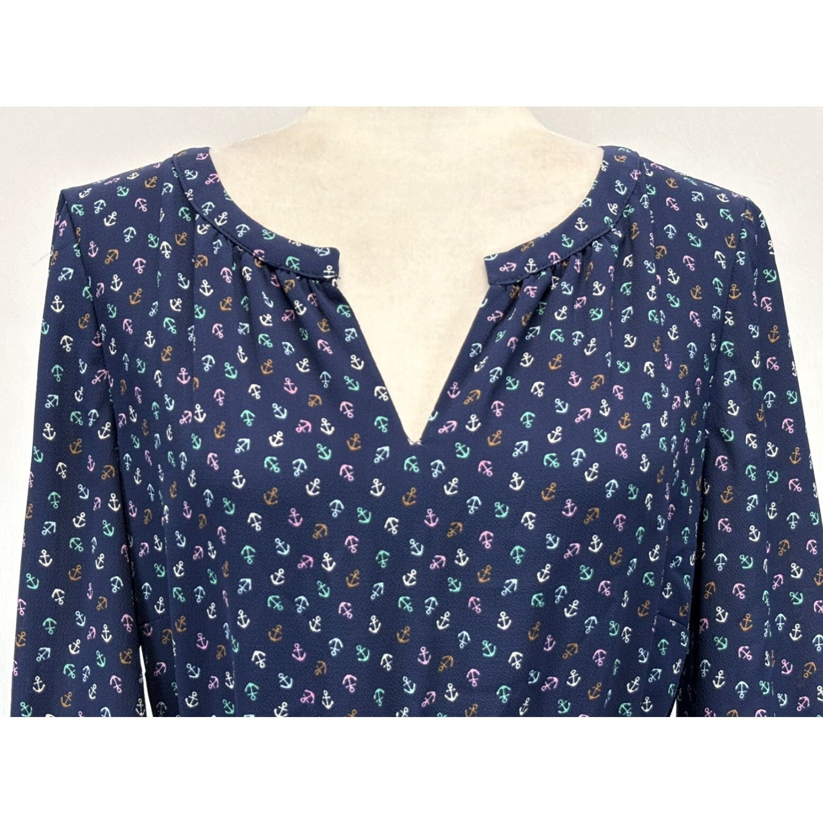Talbots Talbots Midi Dress 10 Anchor Nautical Flounce Hem Split Neck Belted Casual Women Multicolor Polyester Blend Dress Length Midi Size L / US 10 / IT 46 - 5 Thumbnail