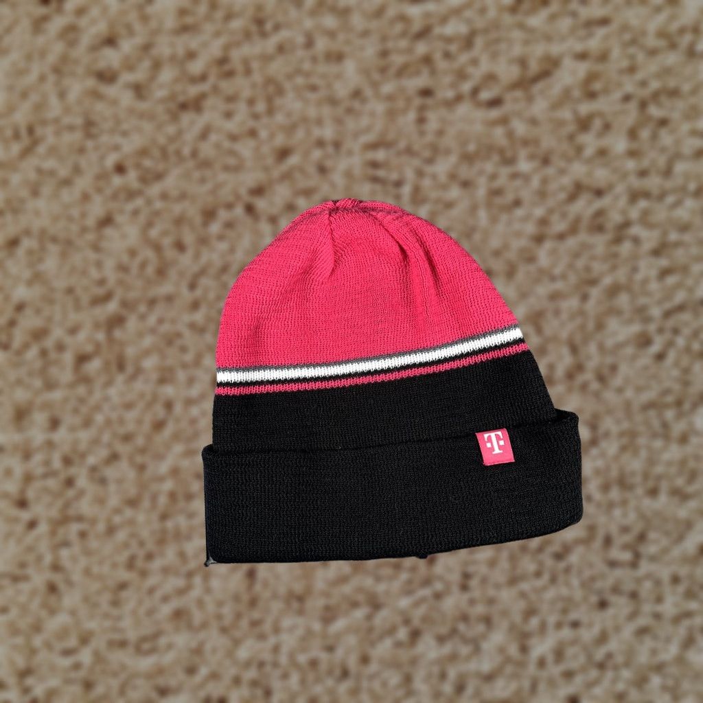 Vintage T-Mobile Beanie Mens One Size Striped Reversible Knit Black Magenta Winter Casual Hat Size ONE SIZE - 1 Thumbnail
