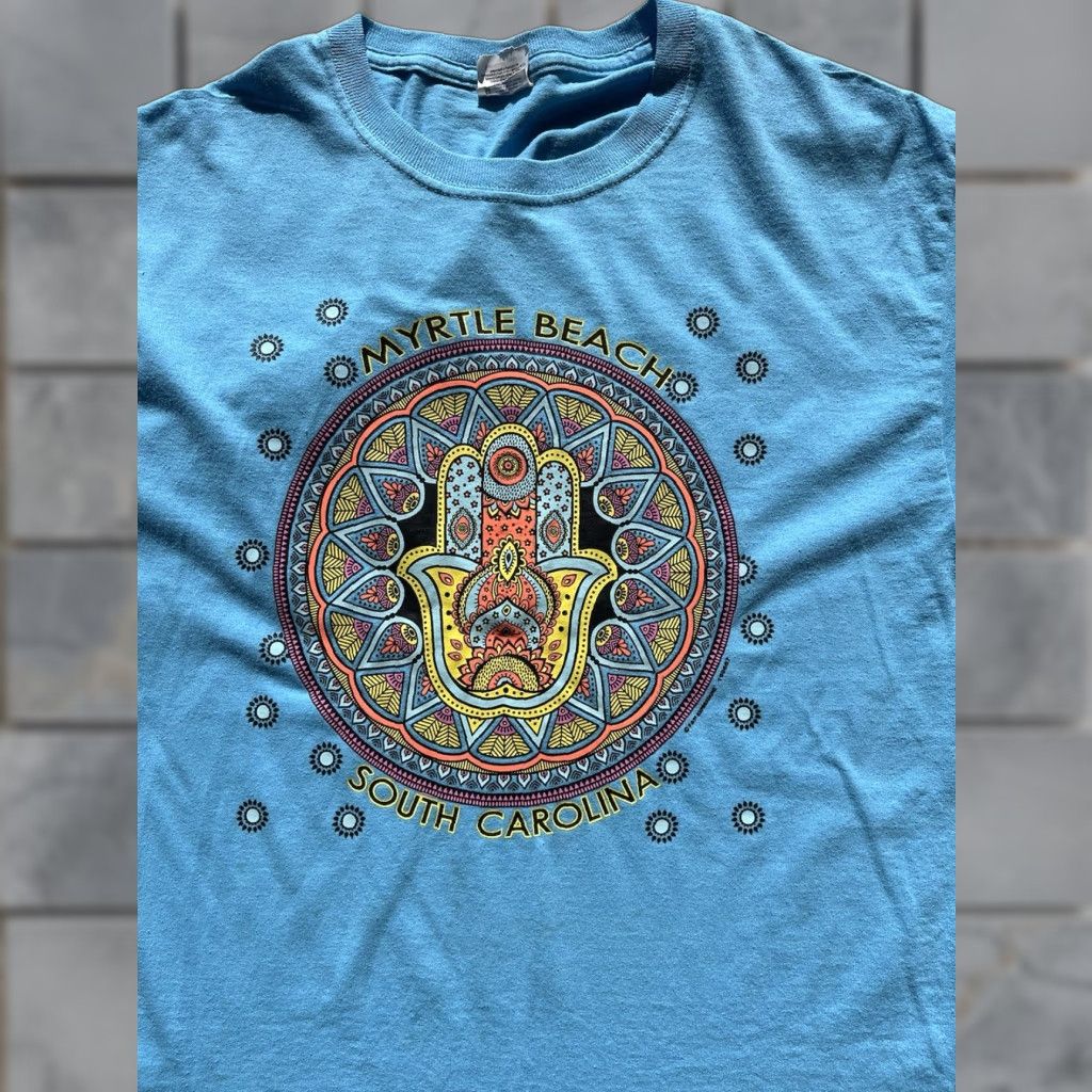 Jerzees VINTAGE Jerzees T-Shirt Turquoise Logo Myrtle Beach SC 80s 90s Men’s M Cotton Blend Embroidered Logo Graphic Circle Mythical Beach Size US M / EU 48-50 / 2 - 1 Thumbnail