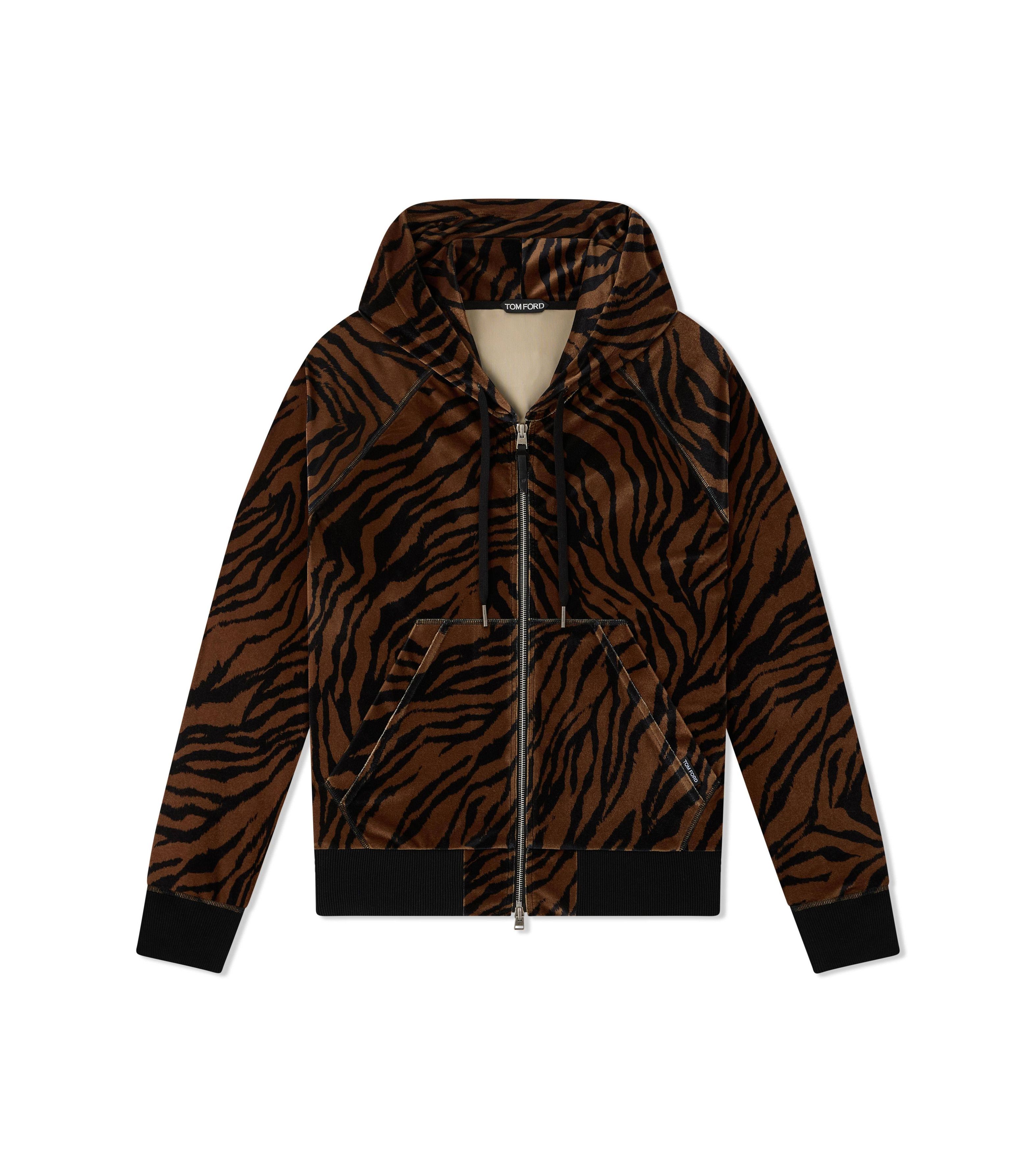 o1loc1c0724 Zebra Print Velour Zip Hoodie in Black Brown
