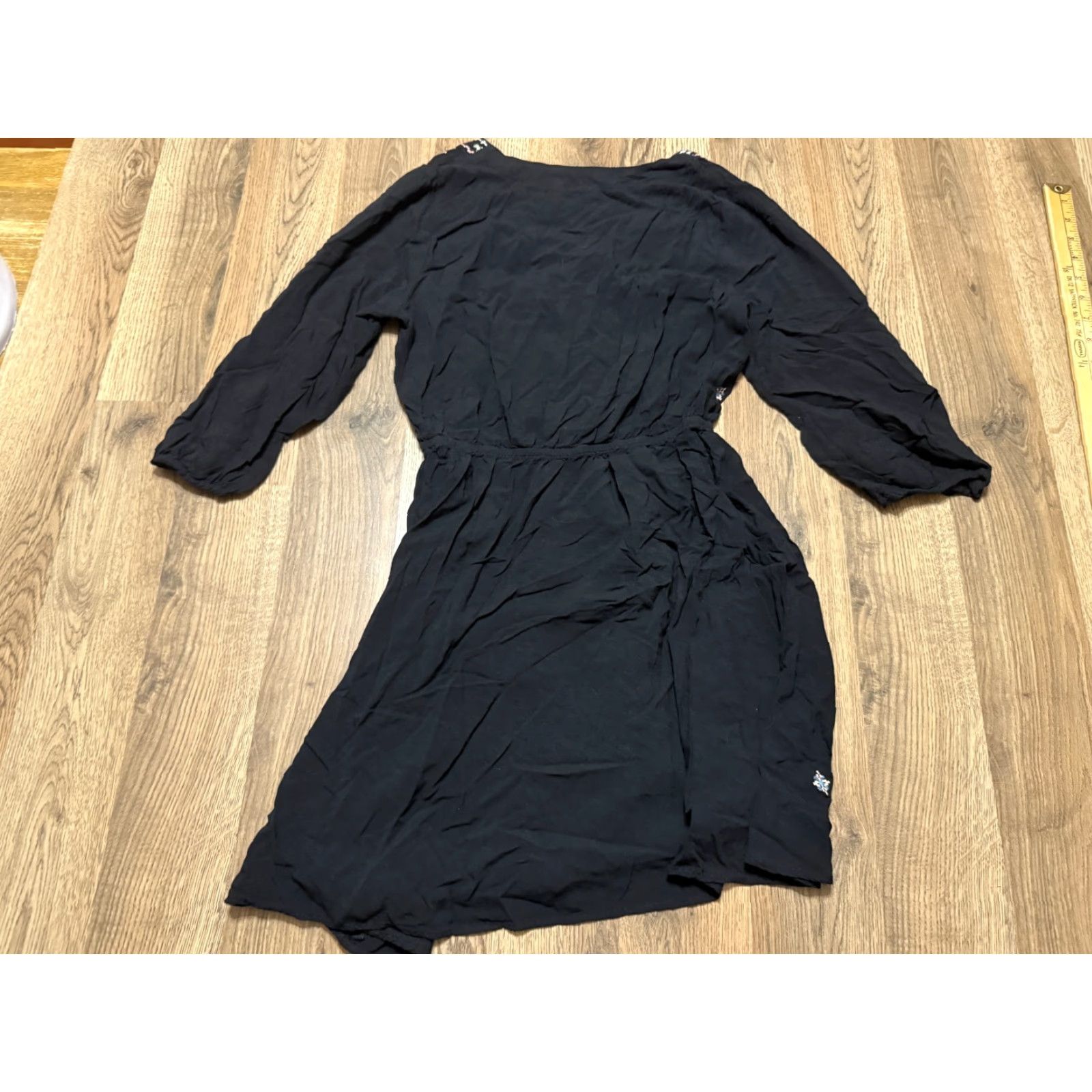 Vintage Xhilaration Dress Womens Size Small Black V-Neck Embroidered A-Line, Short, Casual, Regular, Polyester, Fall Spring Summer, Womens Size S / US 4 / IT 40 - 2 Thumbnail