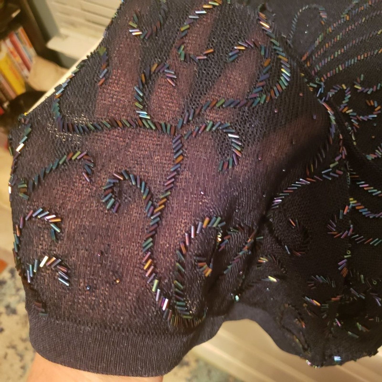 Other Navy Blue Loose Knit Beaded Embellished Semi- Sheer Blouse Size ONE SIZE - 8 Thumbnail