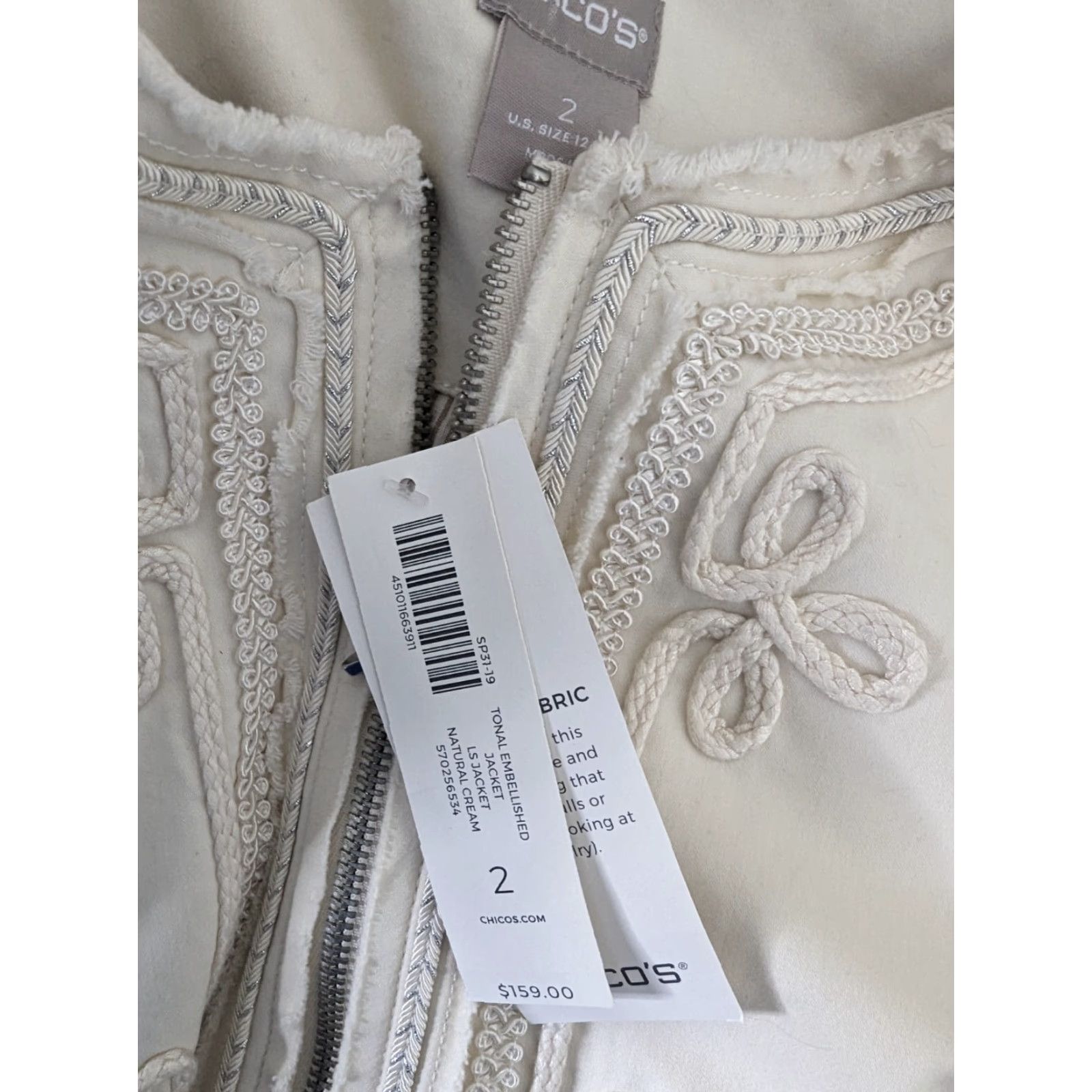 Vintage VINTAGE? New Chico's Tonal Embellished Natural Cream Jacket Sz 2 12/14 Lined EUC NWT Size XS / US 0-2 / IT 36-38 - 4 Thumbnail
