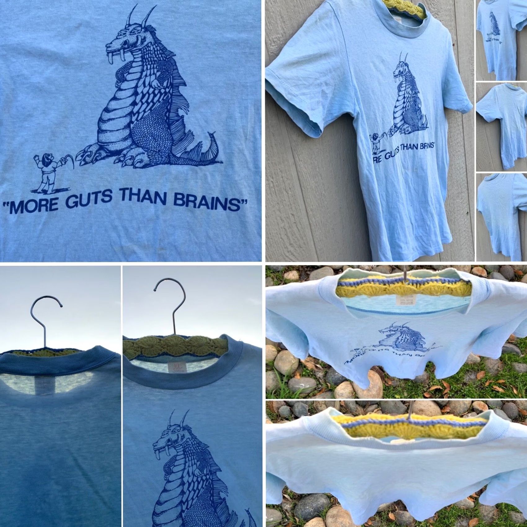 Vintage VINTAGE Stedman T-Shirt Dragon Knight MORE GUTS THAN BRAINS 70s 1970s Crew Neck Short Sleeve Blue Size S Men Size US S / EU 44-46 / 1 - 2 Thumbnail