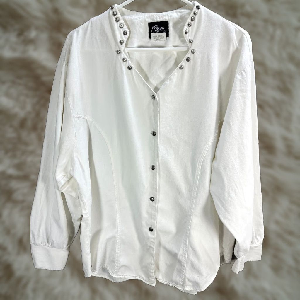 Roper Men's Roper White Western Shirt Concho Dolman Sleeve 100% Cotton Sz 38 Size US M / EU 48-50 / 2 - 1 Thumbnail